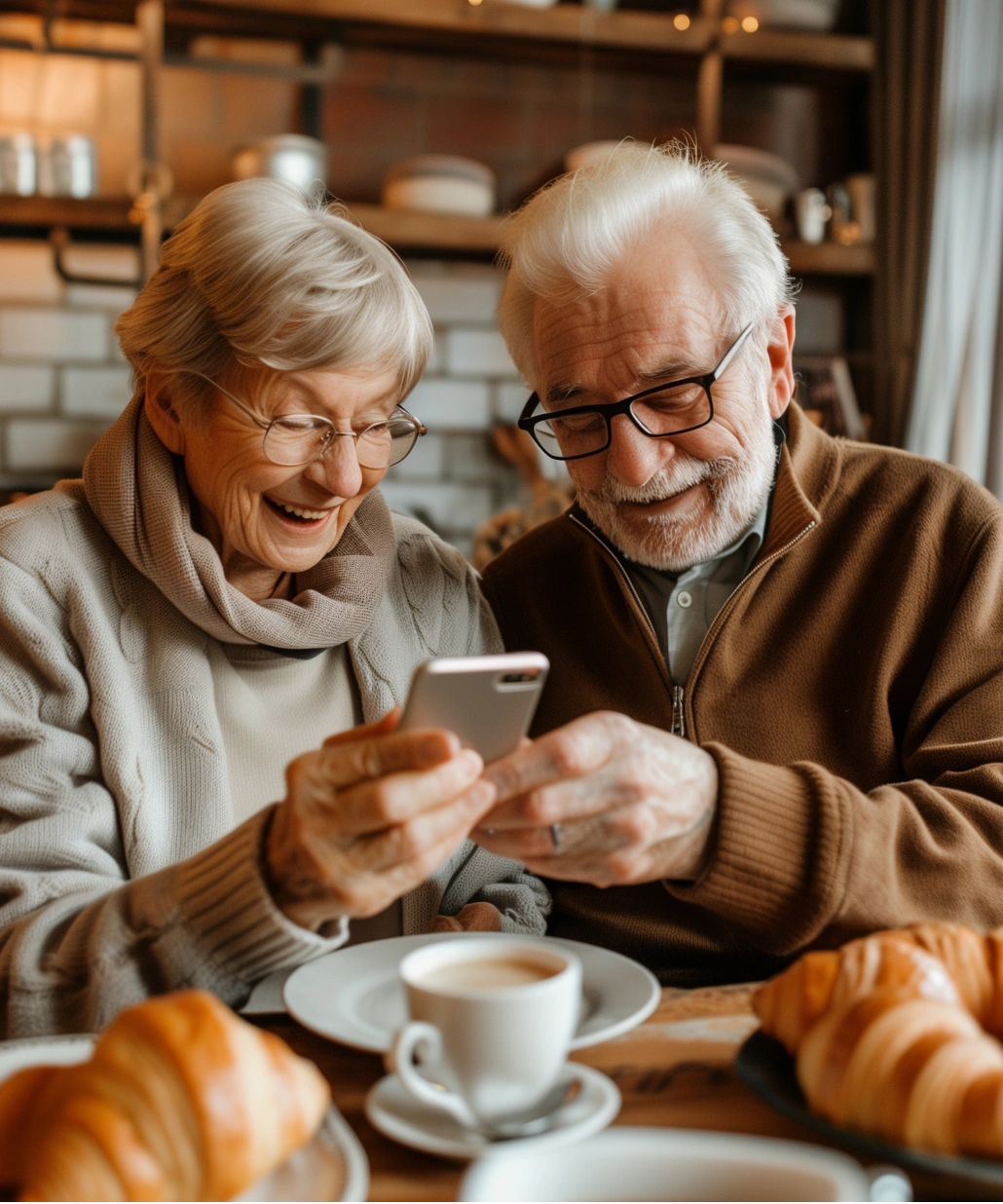 Elderly couple smiling and looking at a smartphone together while sitting at a table with coffee and croissants.