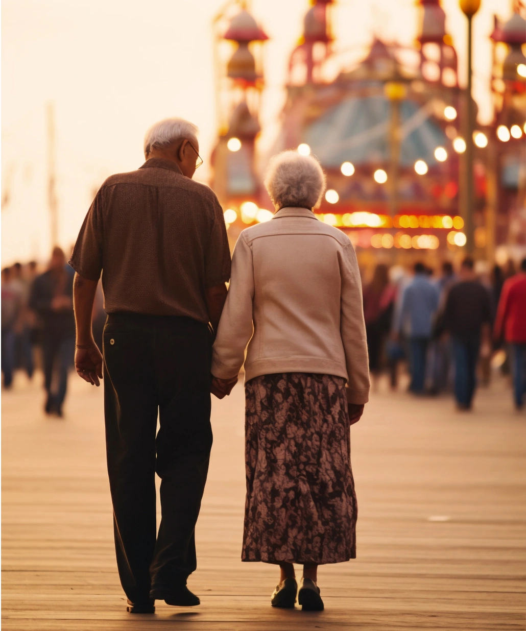 Elderly couple holding hands and walking on a boardwalk with blurred festival lights in the background at sunset.