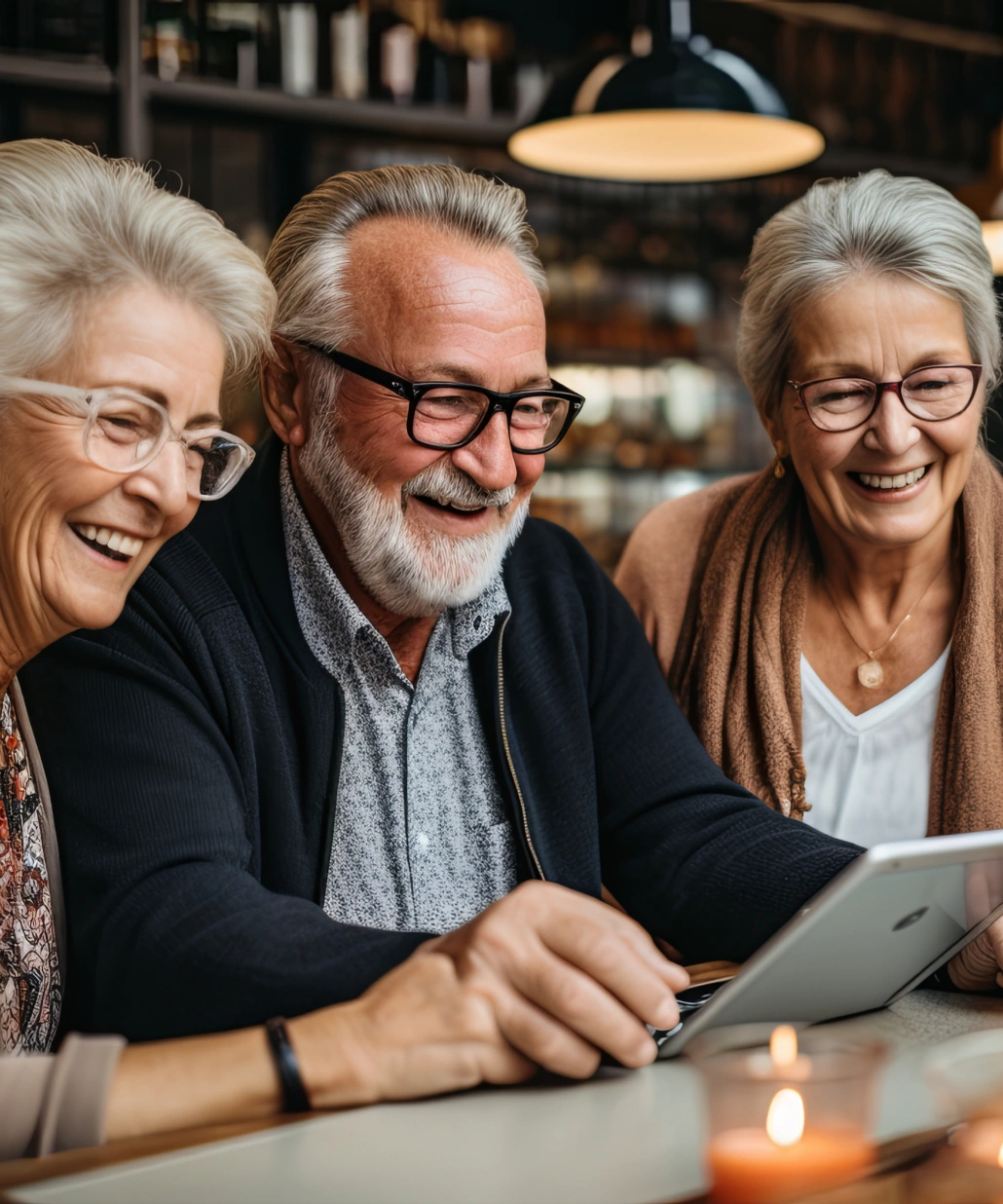 Three elderly people wearing glasses smiling and looking at a tablet together in a cozy indoor setting.