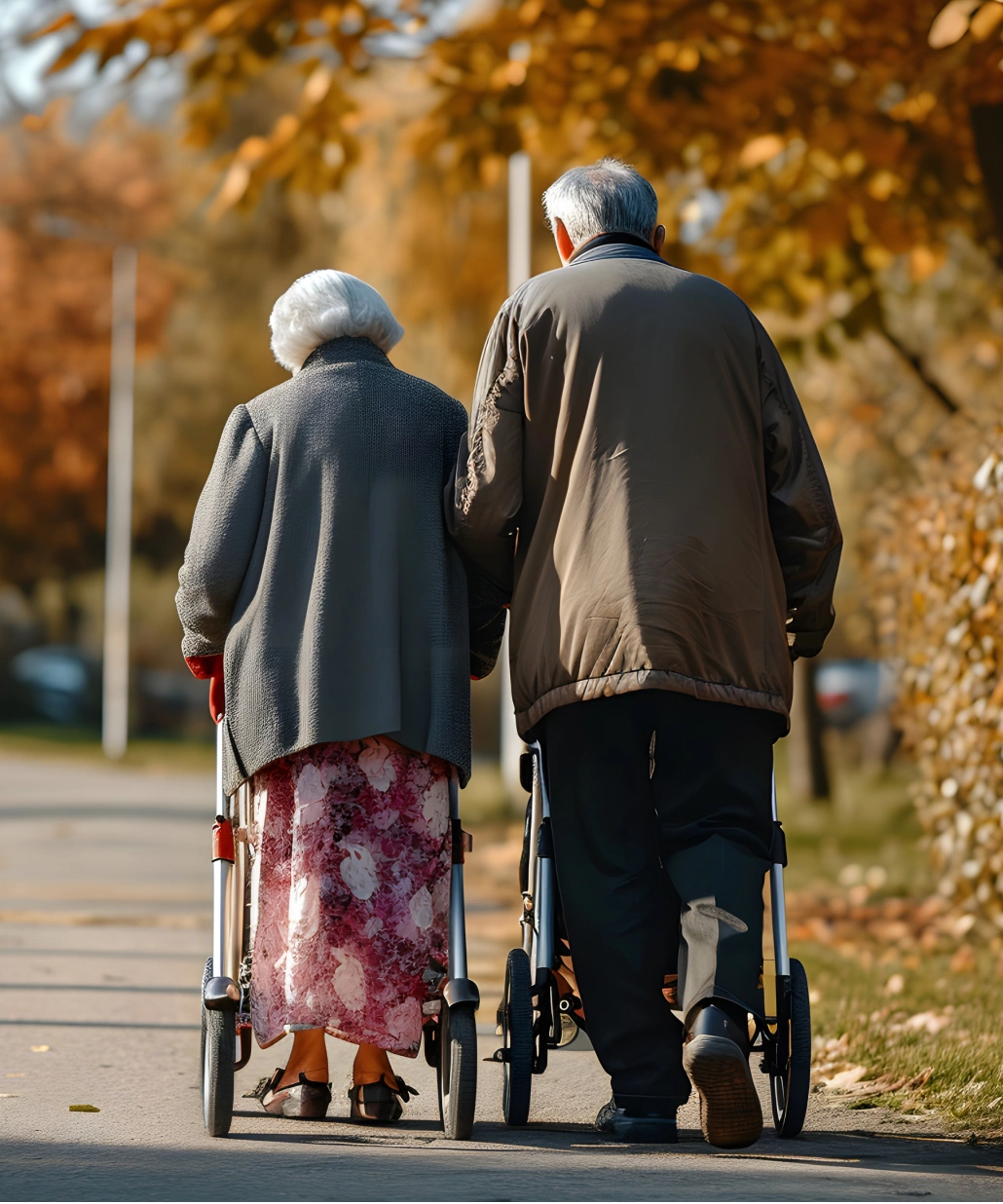 Elderly couple walking outdoors on a paved path with walkers under autumn trees.