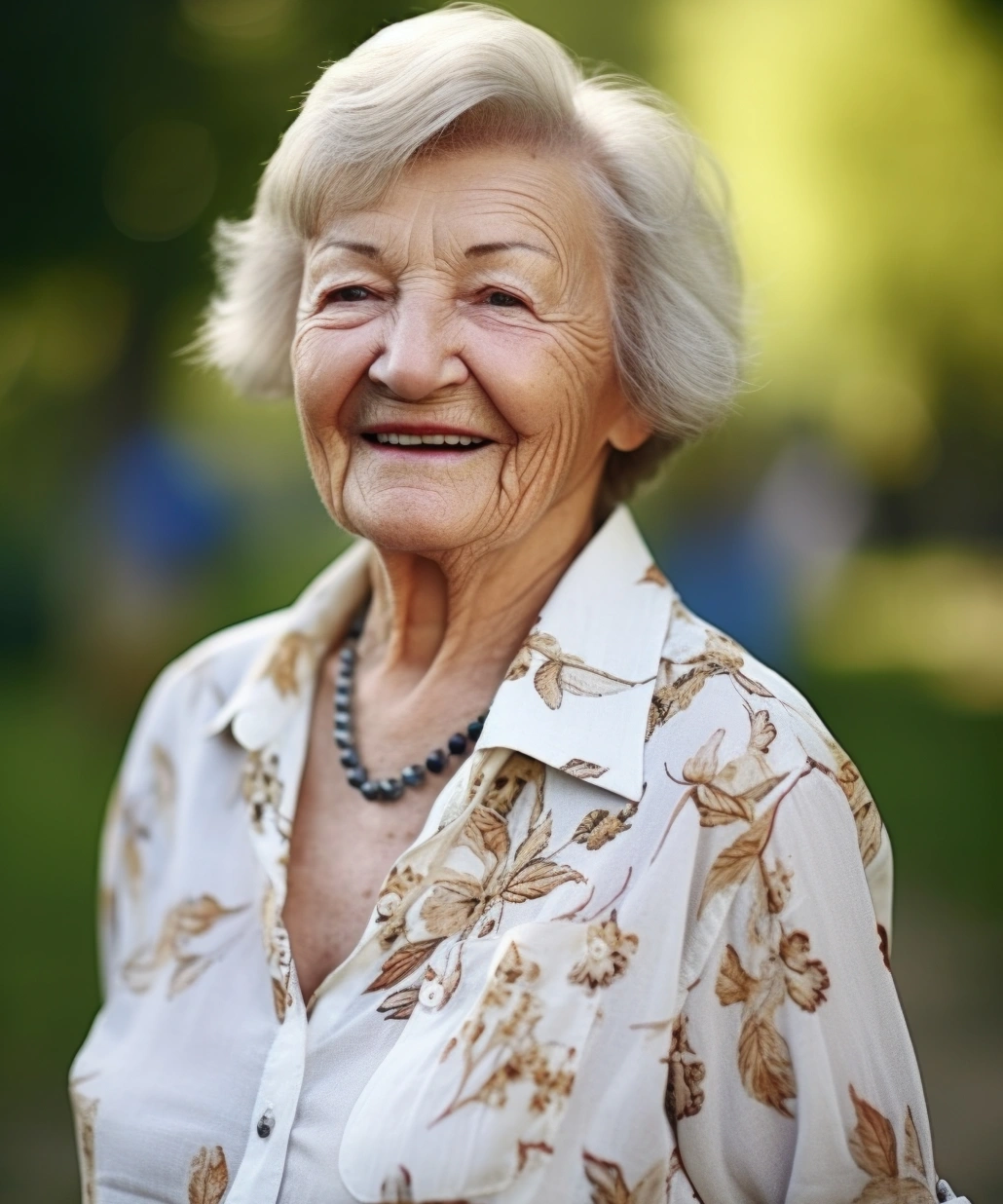 Smiling elderly woman with white hair wearing a floral shirt and black beaded necklace outdoors.