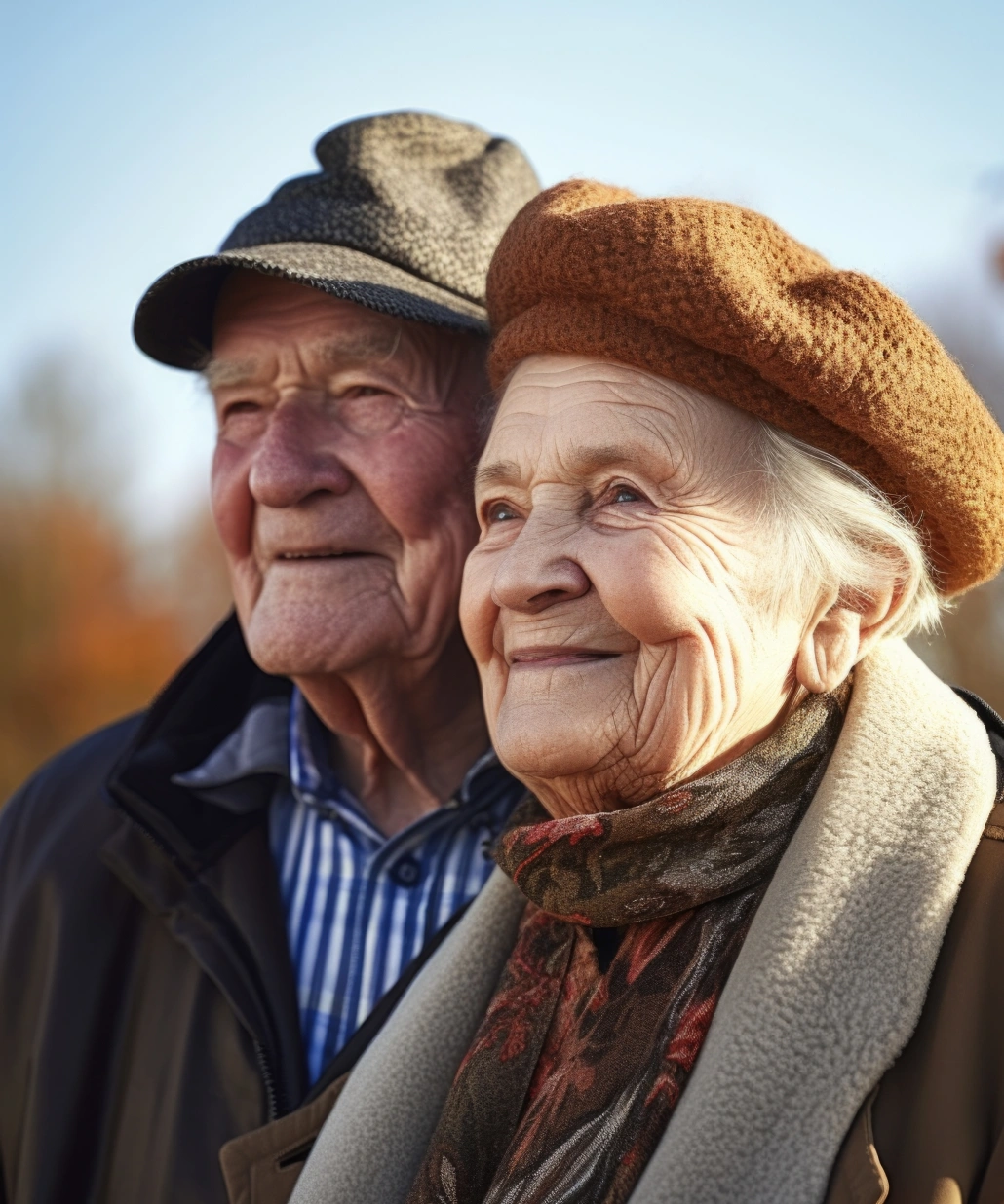 Smiling elderly couple wearing hats and warm coats standing outdoors on a clear day.