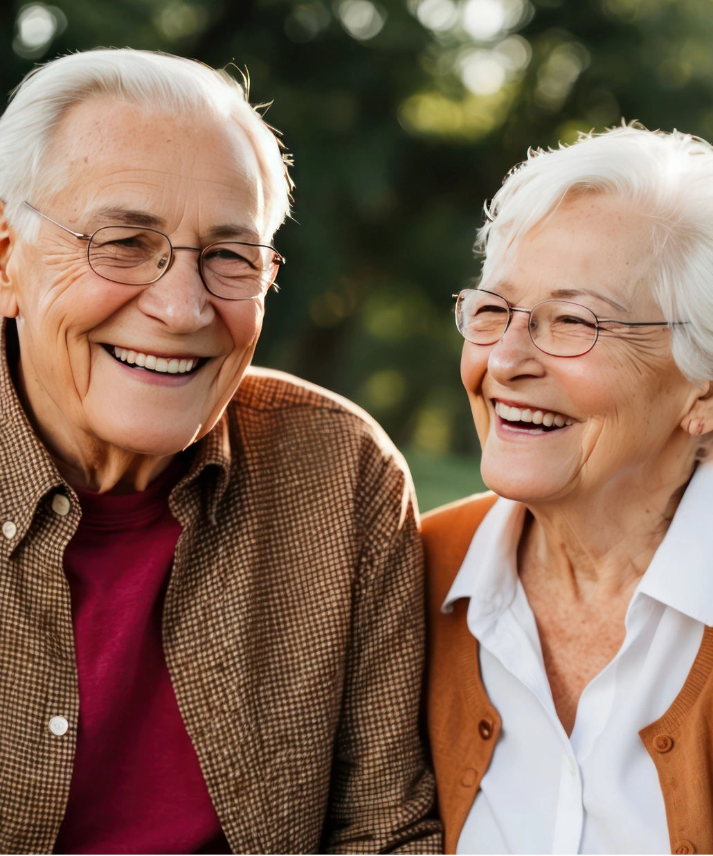 Smiling elderly man and woman with white hair and glasses sitting outdoors with a blurred green background.