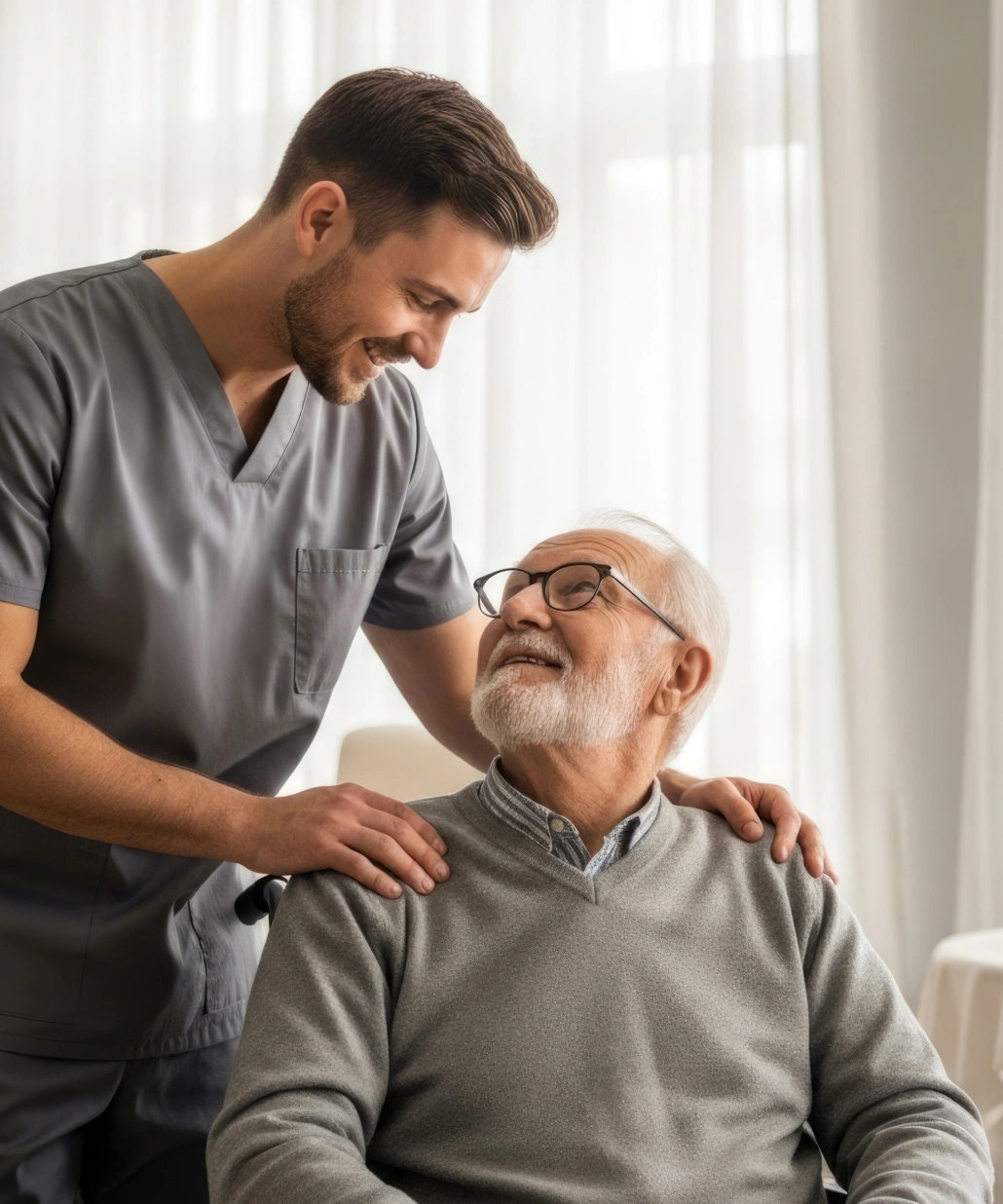 A male caregiver in gray scrubs smiling and placing hands on the shoulders of a seated elderly man with glasses and a gray sweater, both looking at each other.