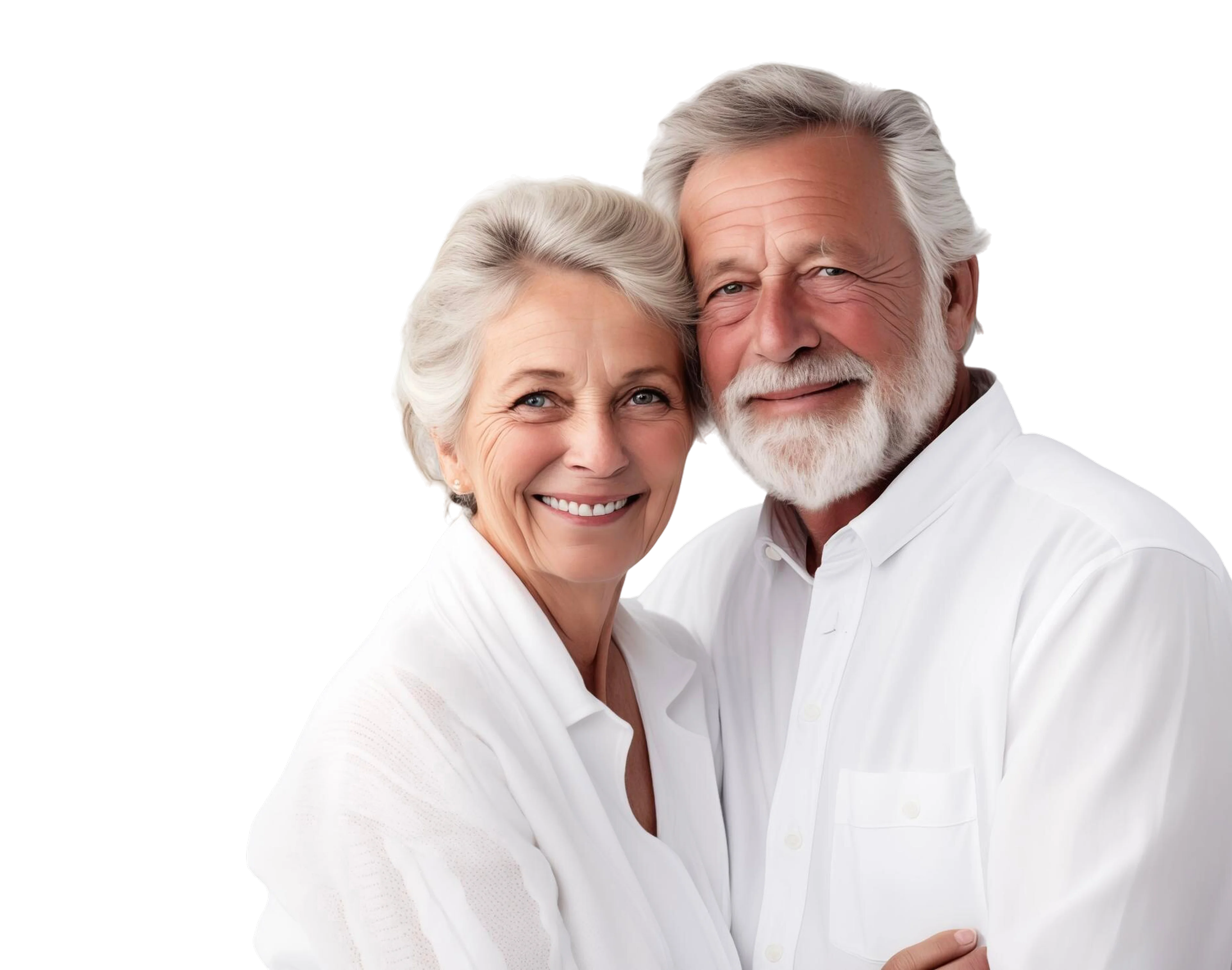 Smiling elderly couple embracing, both with white hair and wearing white shirts.