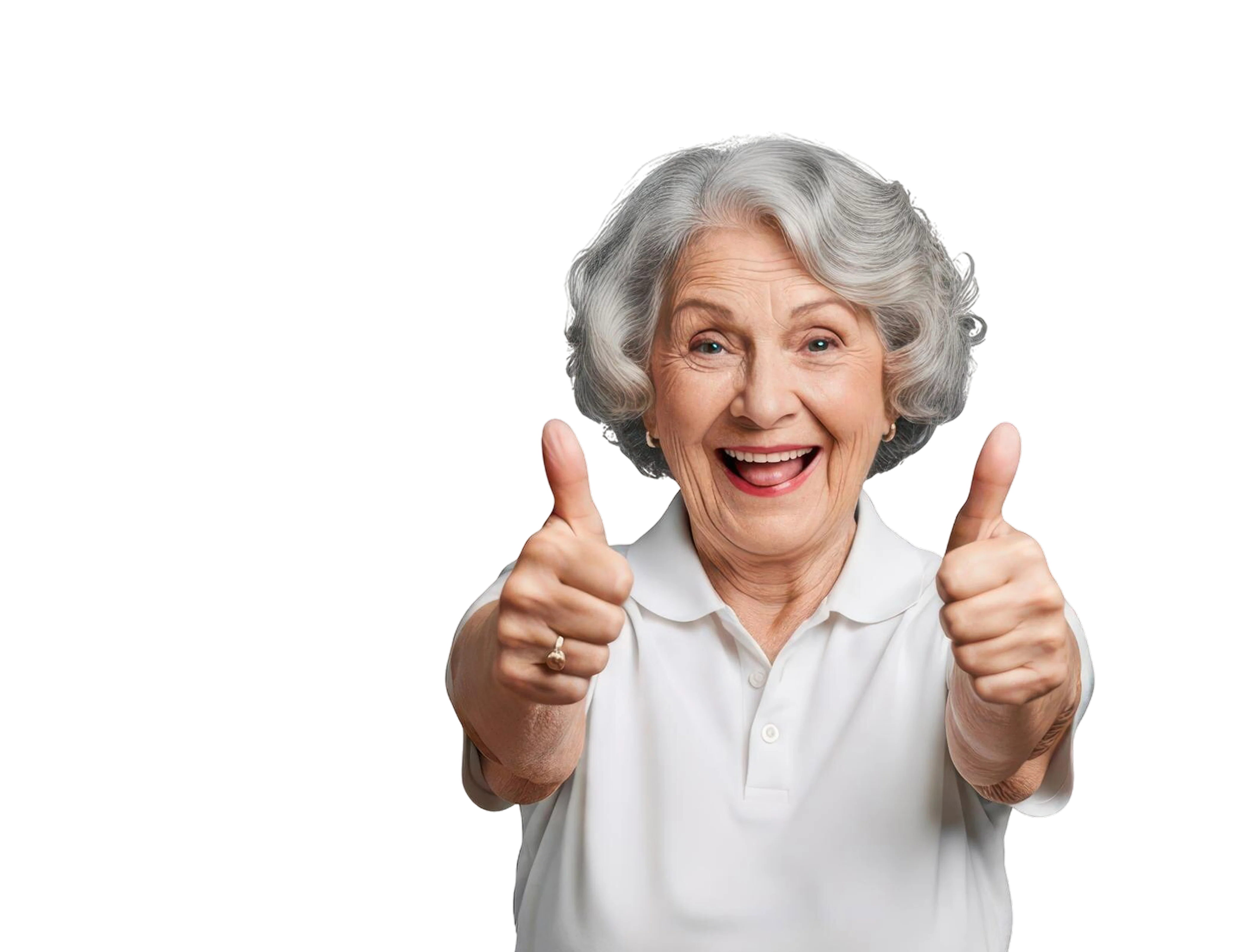 Smiling elderly woman with gray hair giving two thumbs up wearing a white polo shirt.
