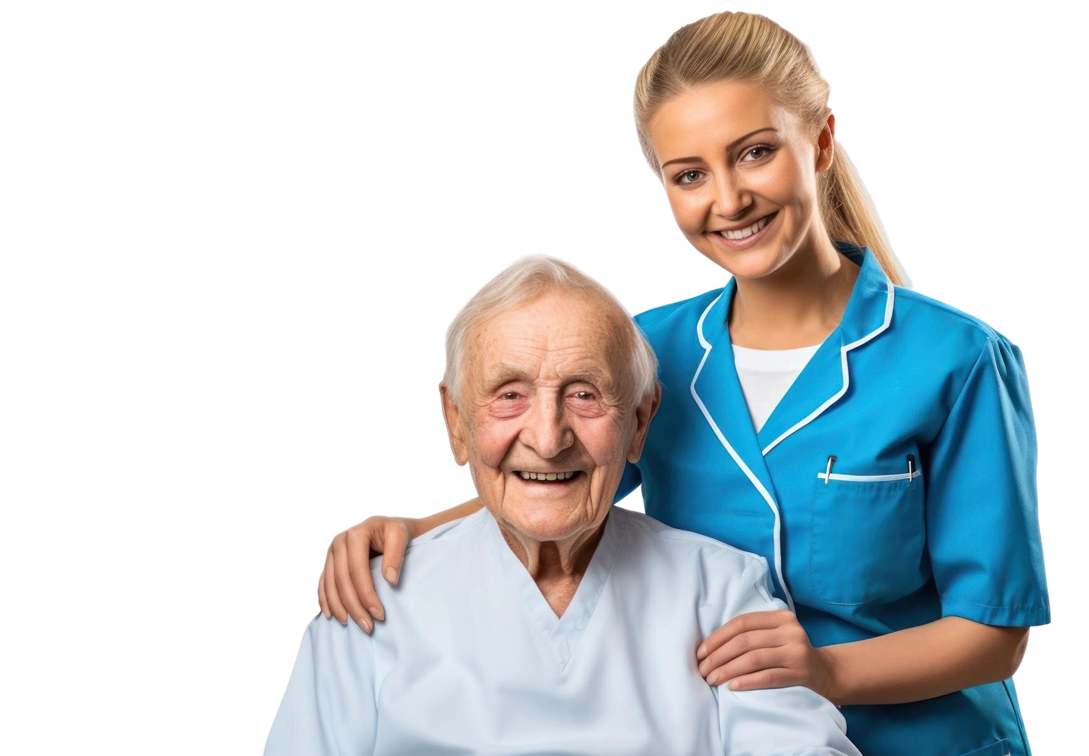 Smiling elderly man seated with a cheerful female nurse in blue uniform standing behind him with hands on his shoulders.