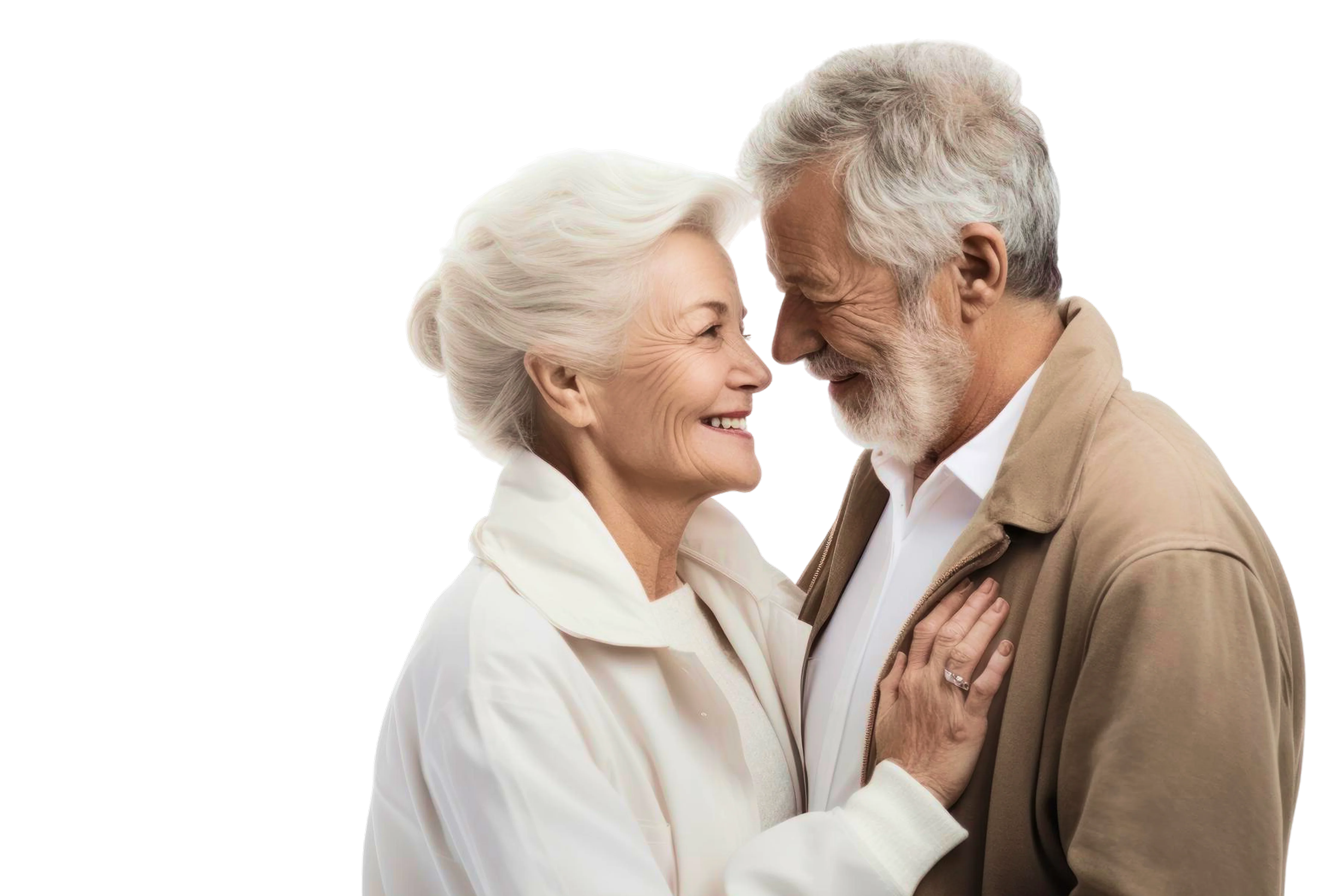 Elderly couple smiling and touching foreheads affectionately.