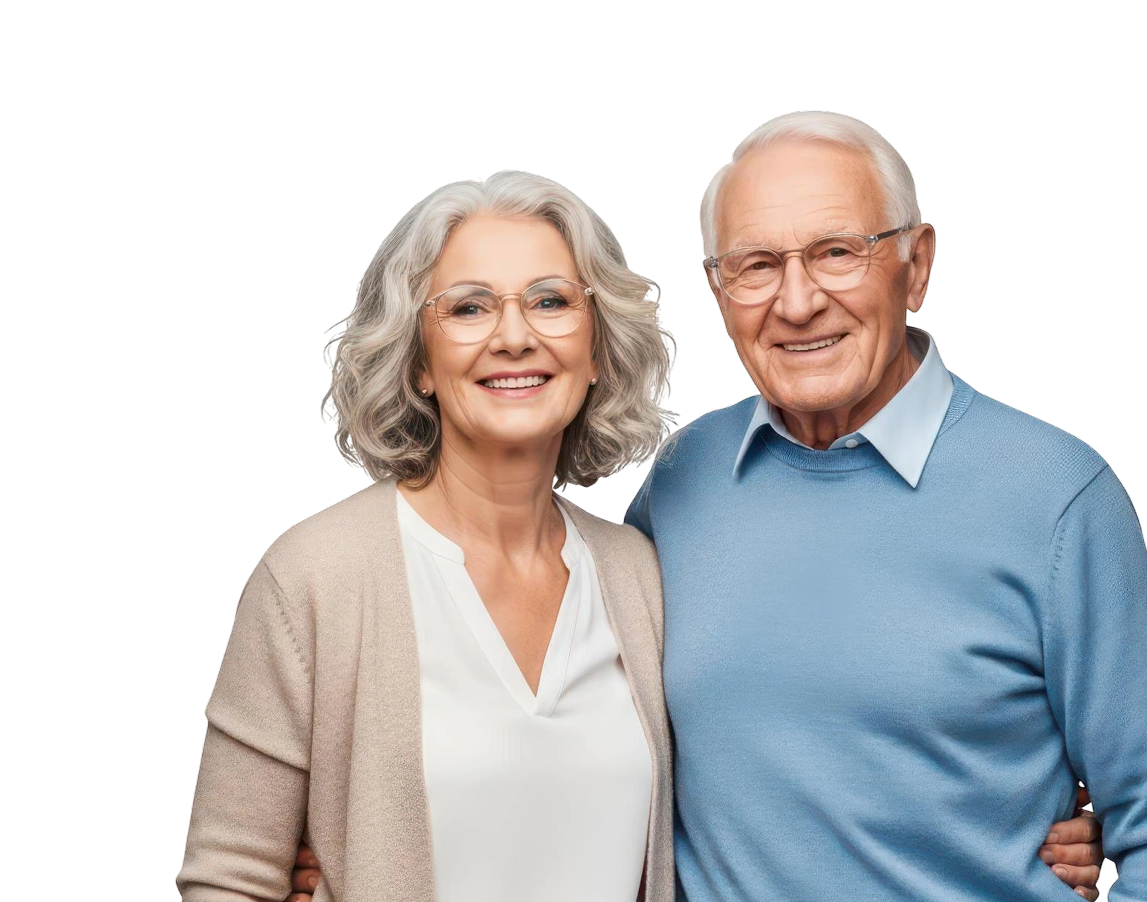 Smiling elderly couple wearing glasses, the woman in a beige cardigan and white blouse, the man in a light blue sweater.