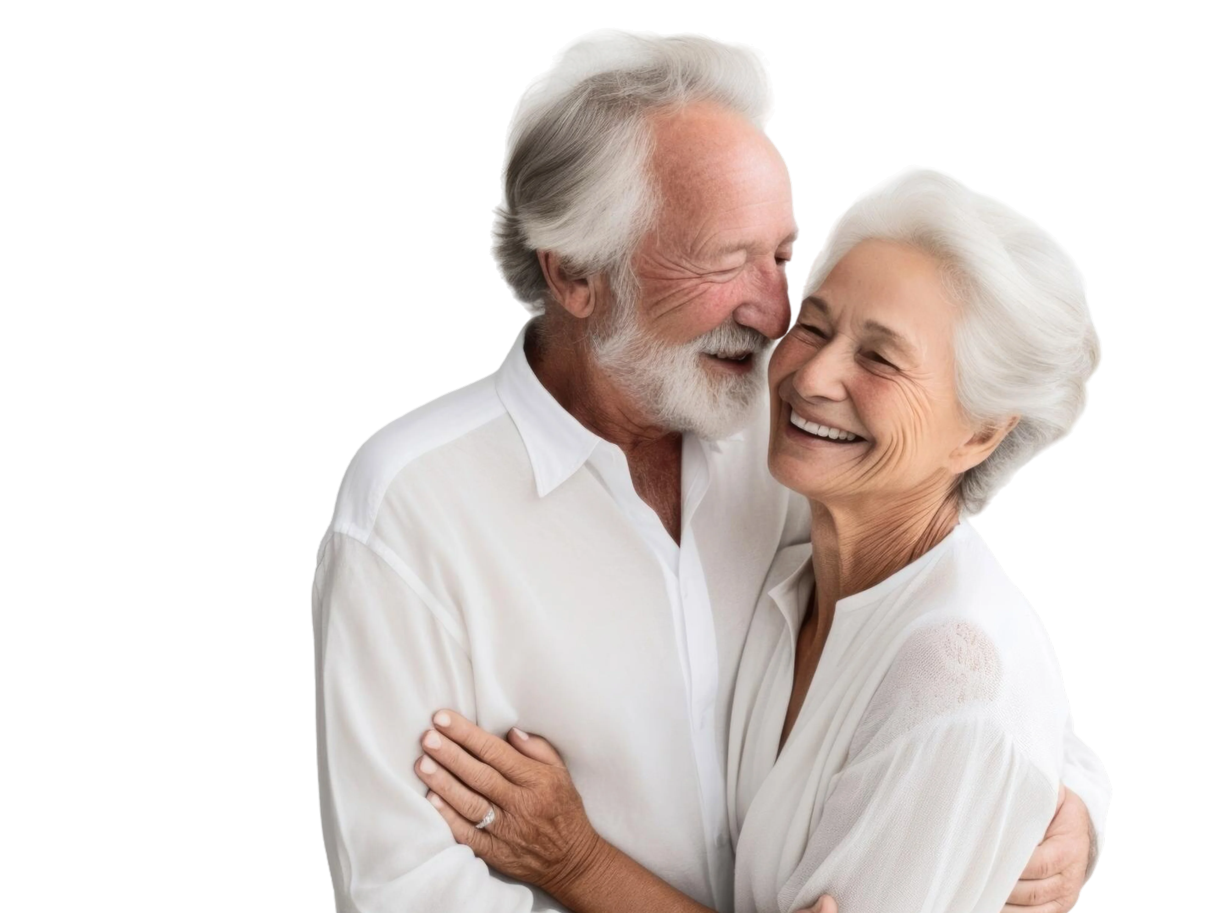 Smiling elderly couple with white hair embracing and enjoying a close moment.