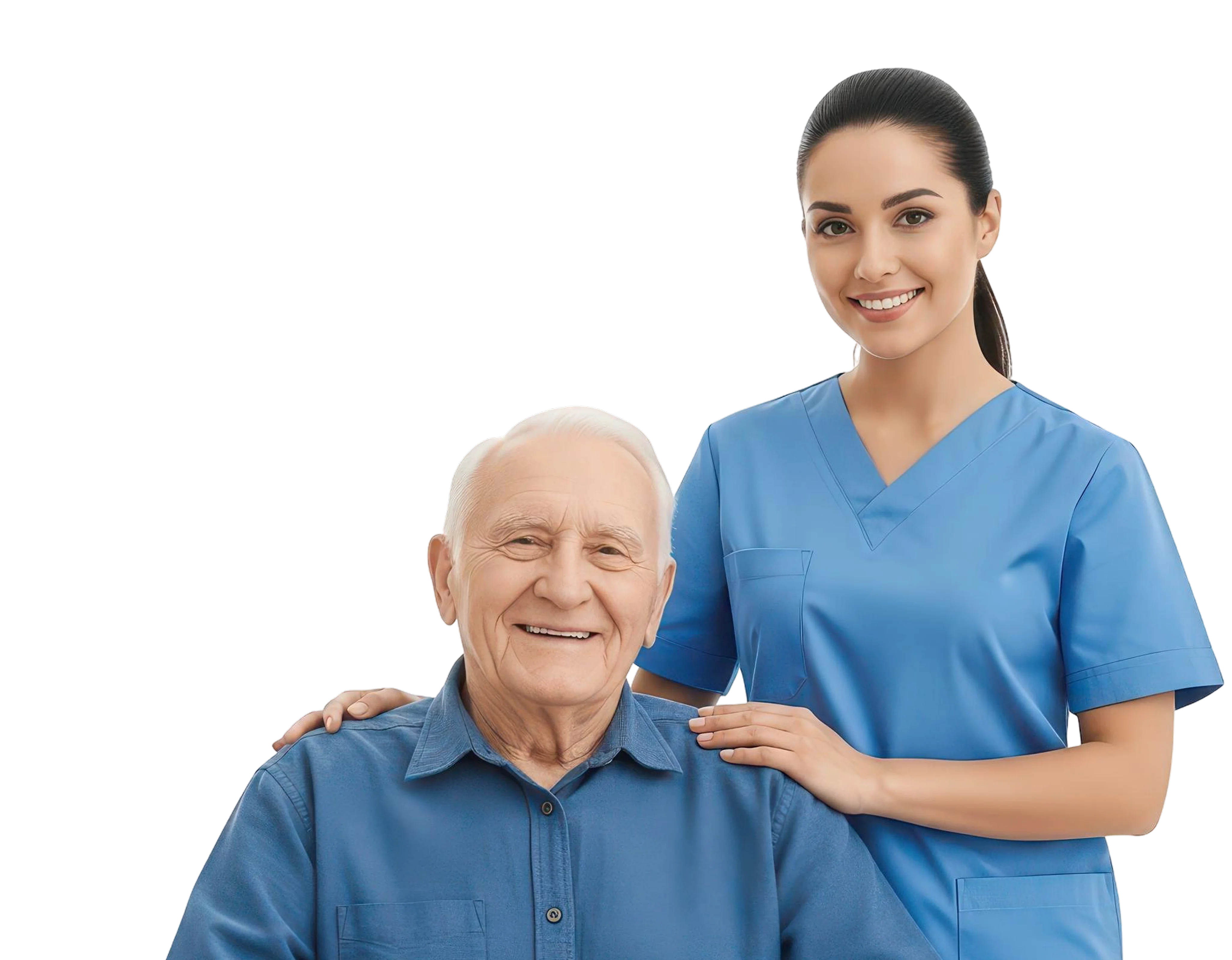 Smiling elderly man with white hair sitting, accompanied by a smiling female nurse in blue scrubs with her hands on his shoulders.