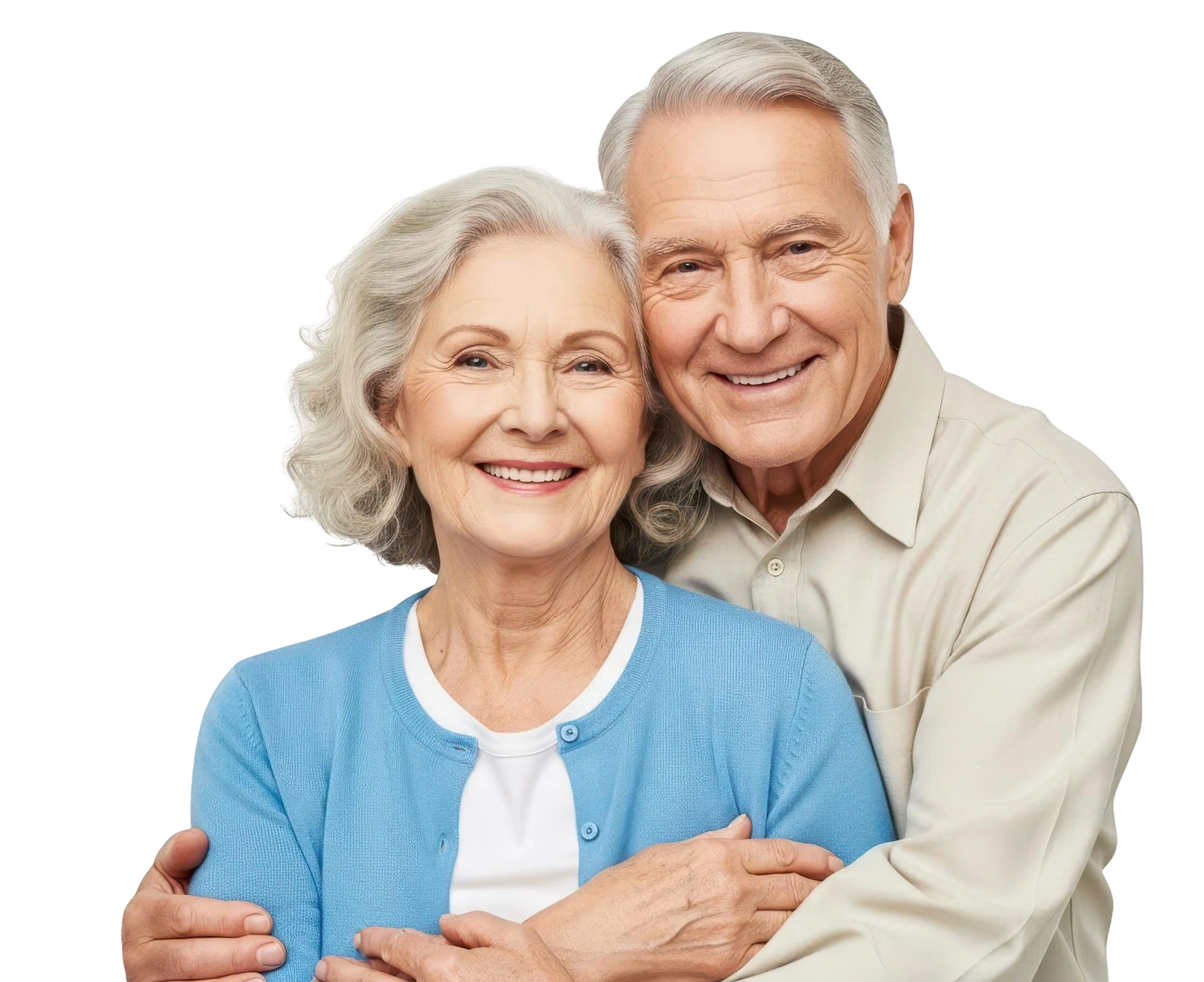 Smiling elderly couple embracing, with the woman wearing a blue cardigan and the man wearing a beige shirt.