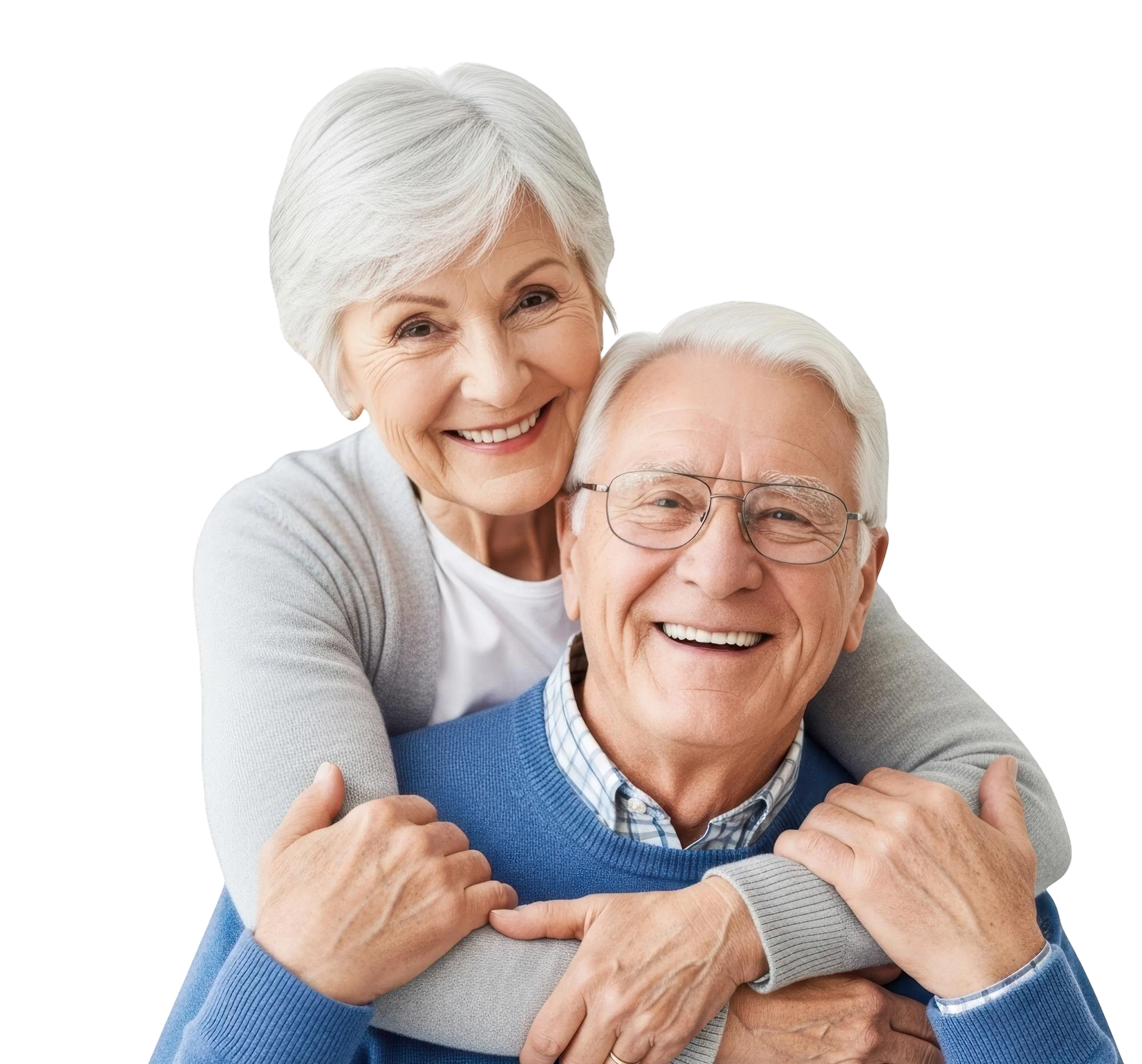Smiling elderly woman with white hair hugging smiling elderly man with glasses and white hair.