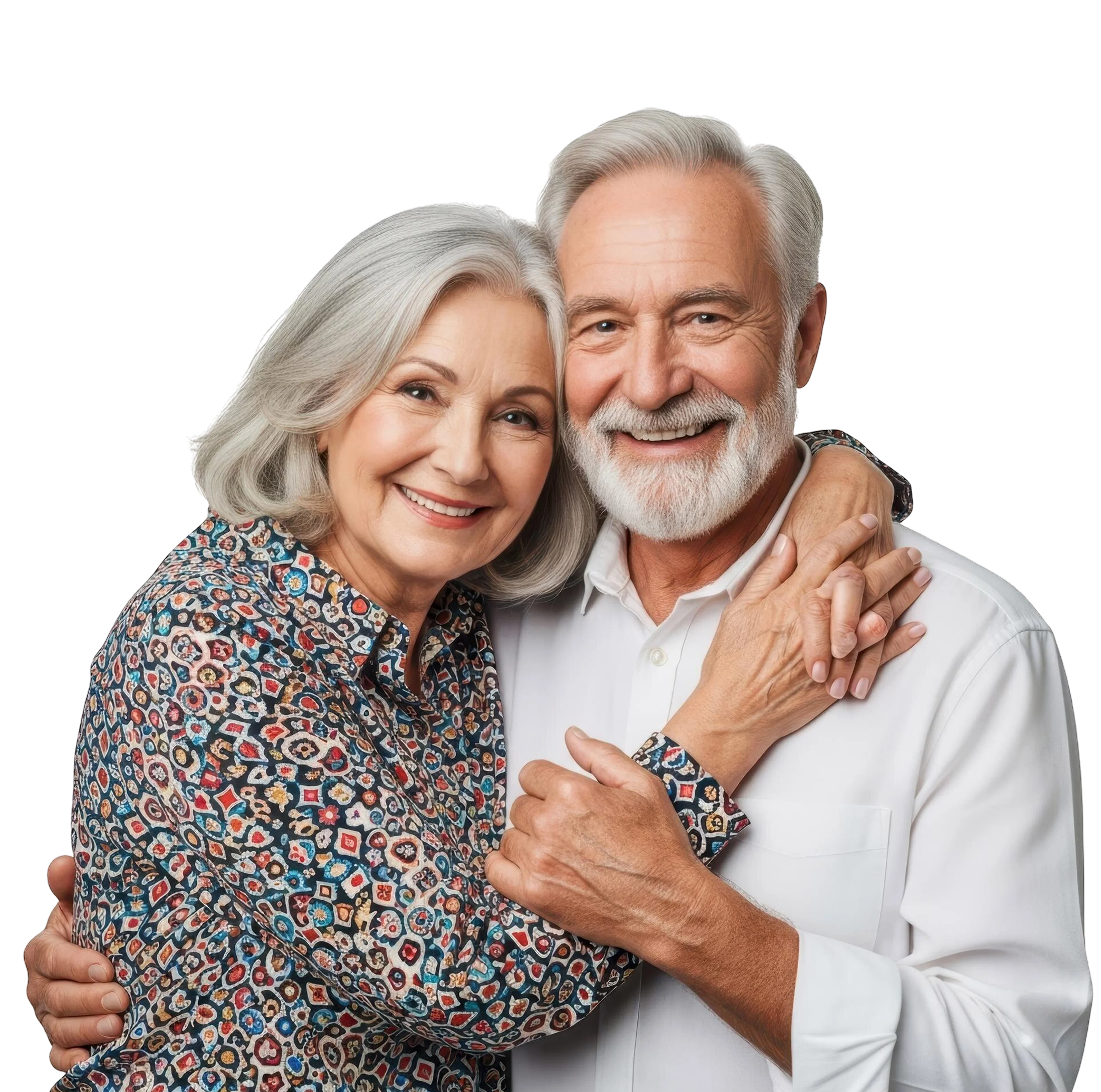Smiling elderly couple embracing each other, woman wearing patterned blouse and man in white shirt.