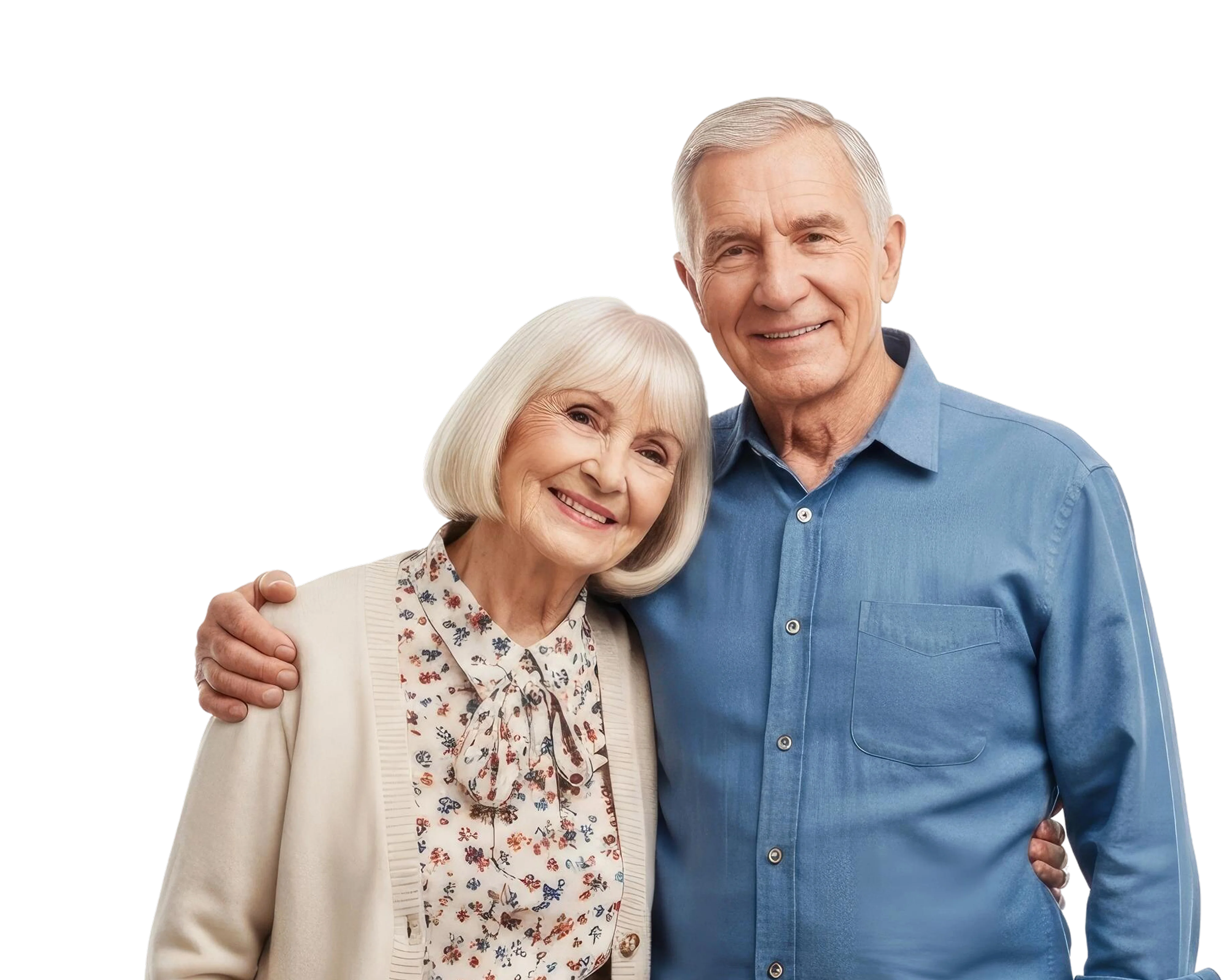 Smiling elderly couple standing closely with the woman's head resting on the man's shoulder.