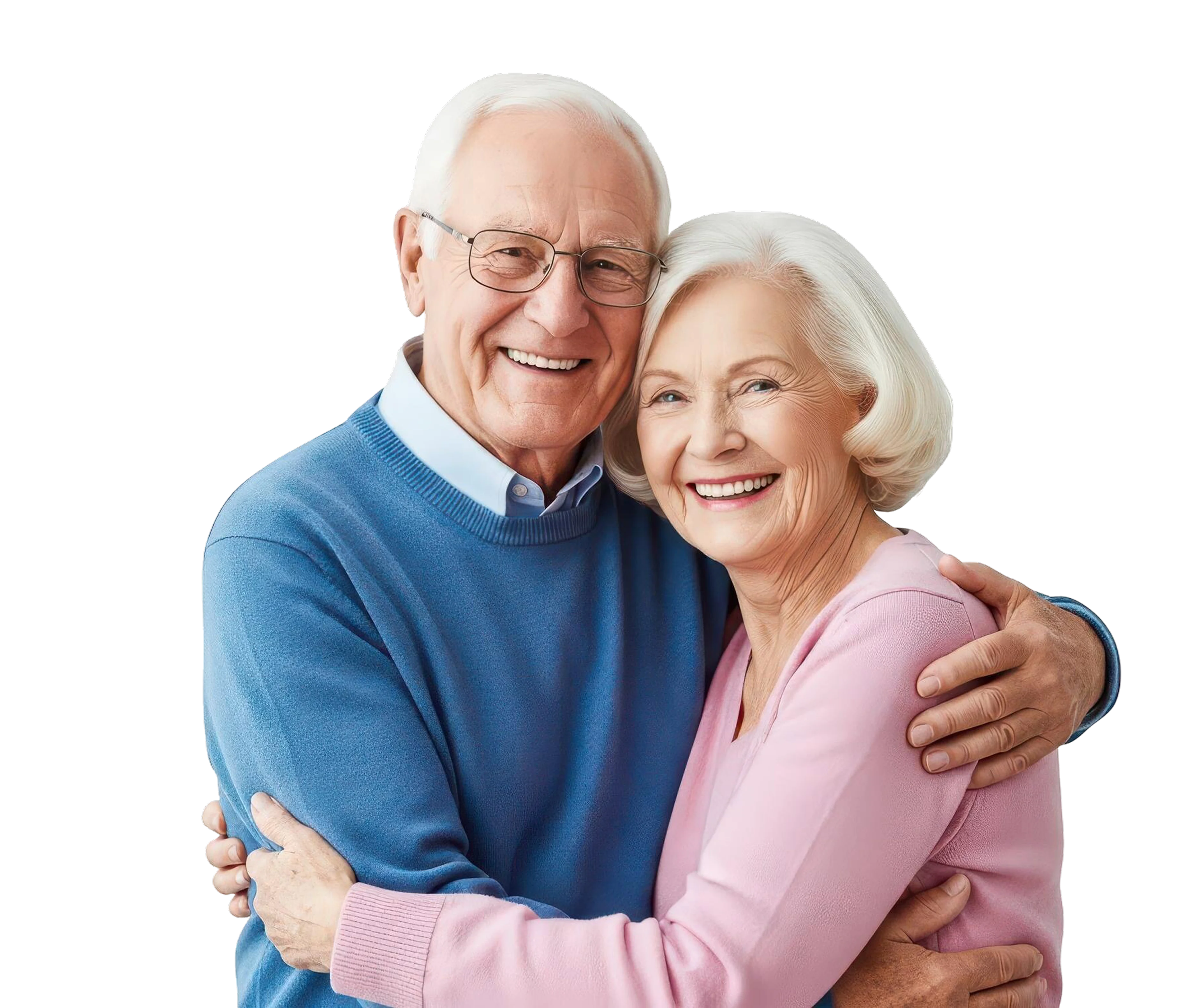 Smiling elderly couple embracing, the man in a blue sweater and the woman in a pink sweater.