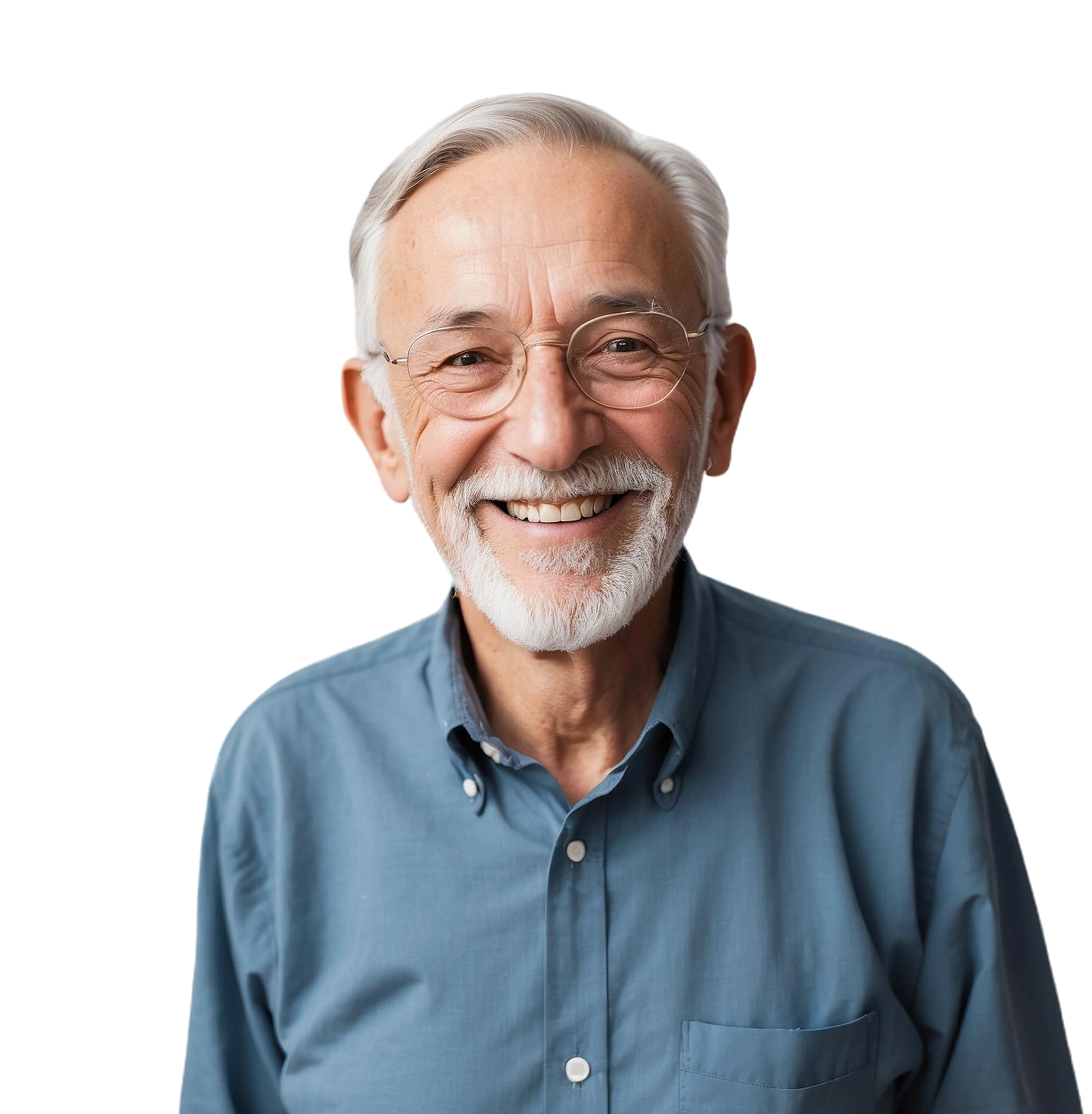 Smiling elderly man with white hair, beard, and glasses wearing a blue button-up shirt.
