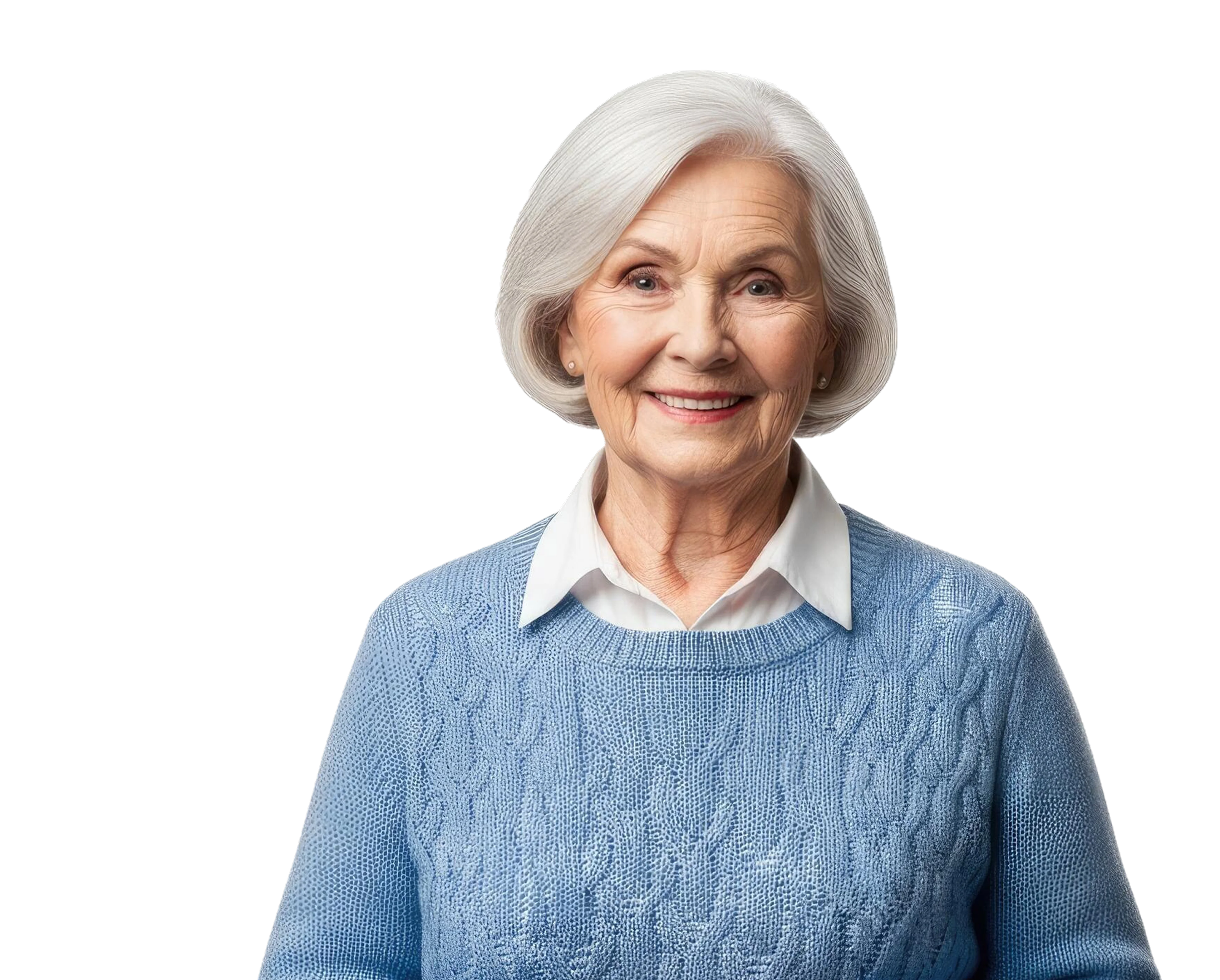 Smiling elderly woman with short white hair wearing a light blue knitted sweater and white collared shirt.