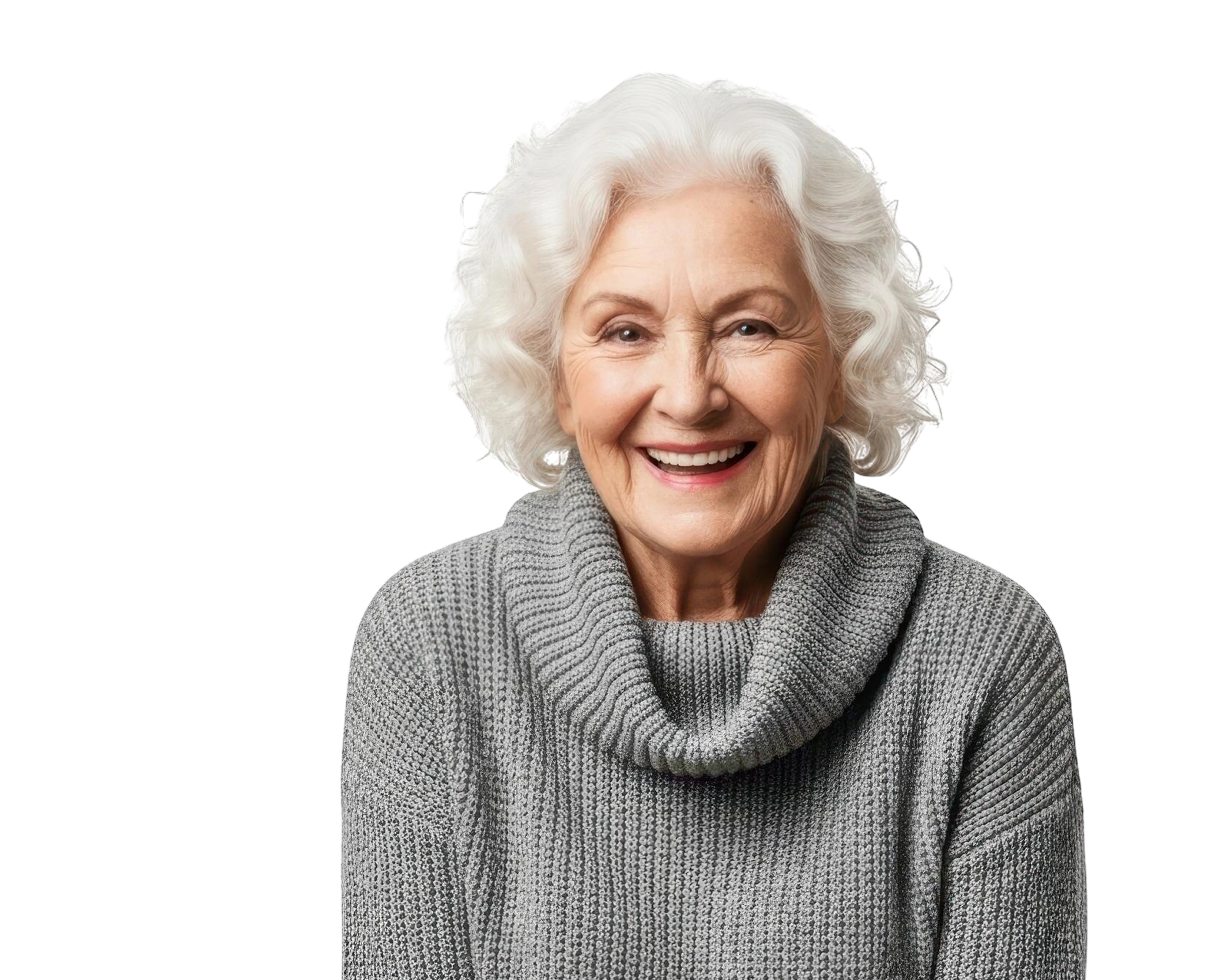 Smiling elderly woman with white curly hair wearing a gray knitted sweater.