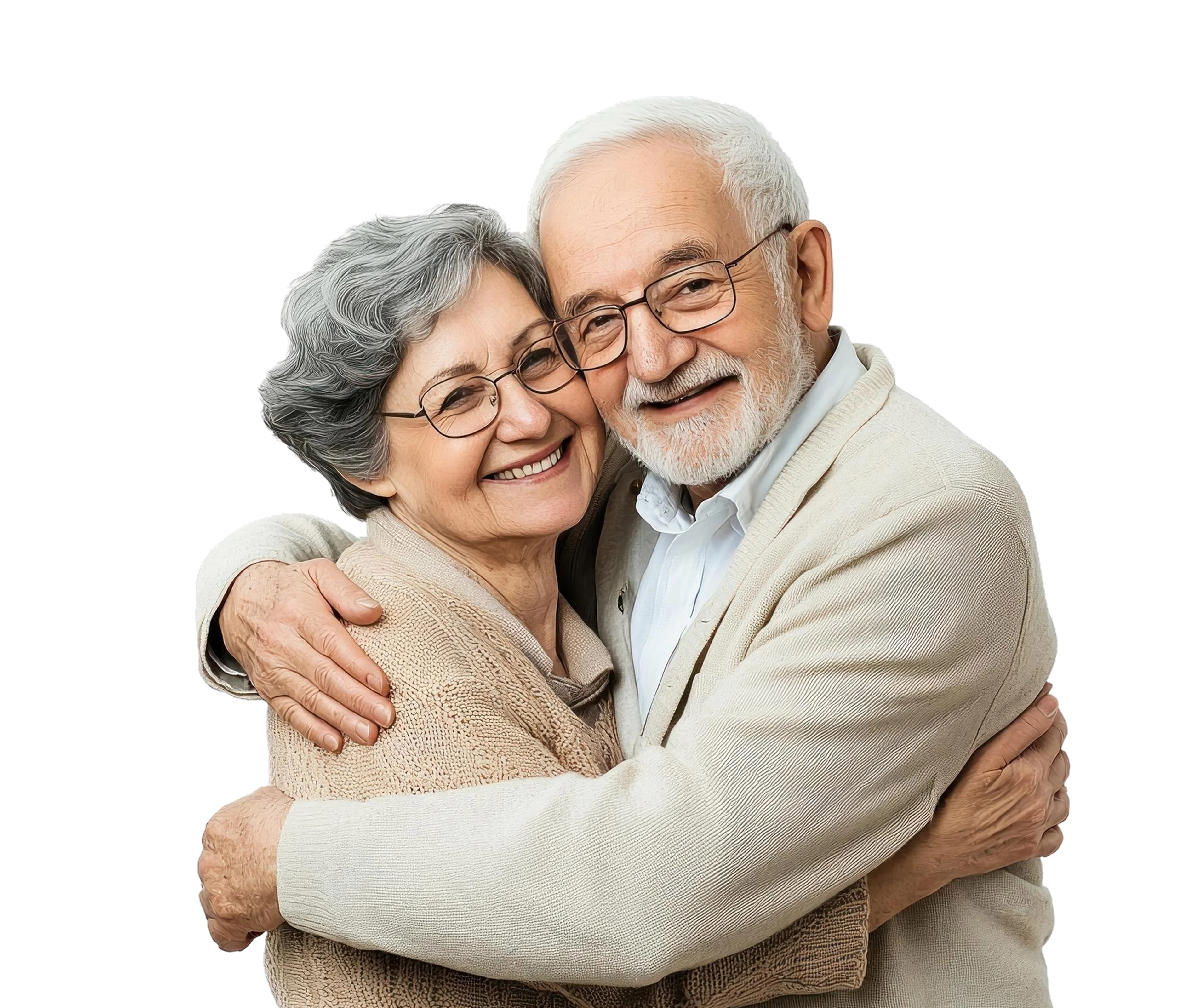 Smiling elderly couple wearing glasses and beige sweaters embracing each other.