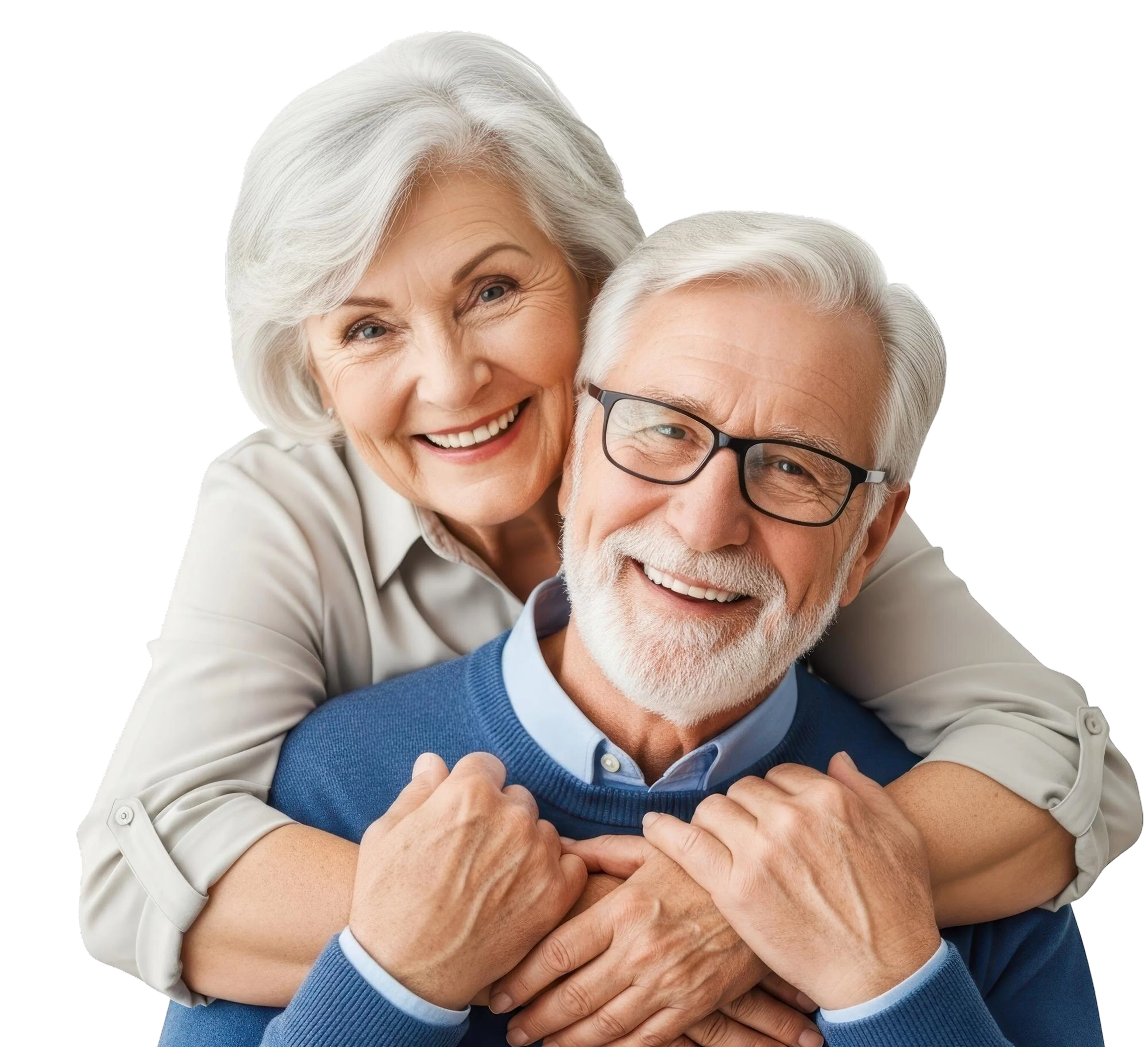 Smiling elderly couple with white hair embracing, the woman hugging the man from behind.