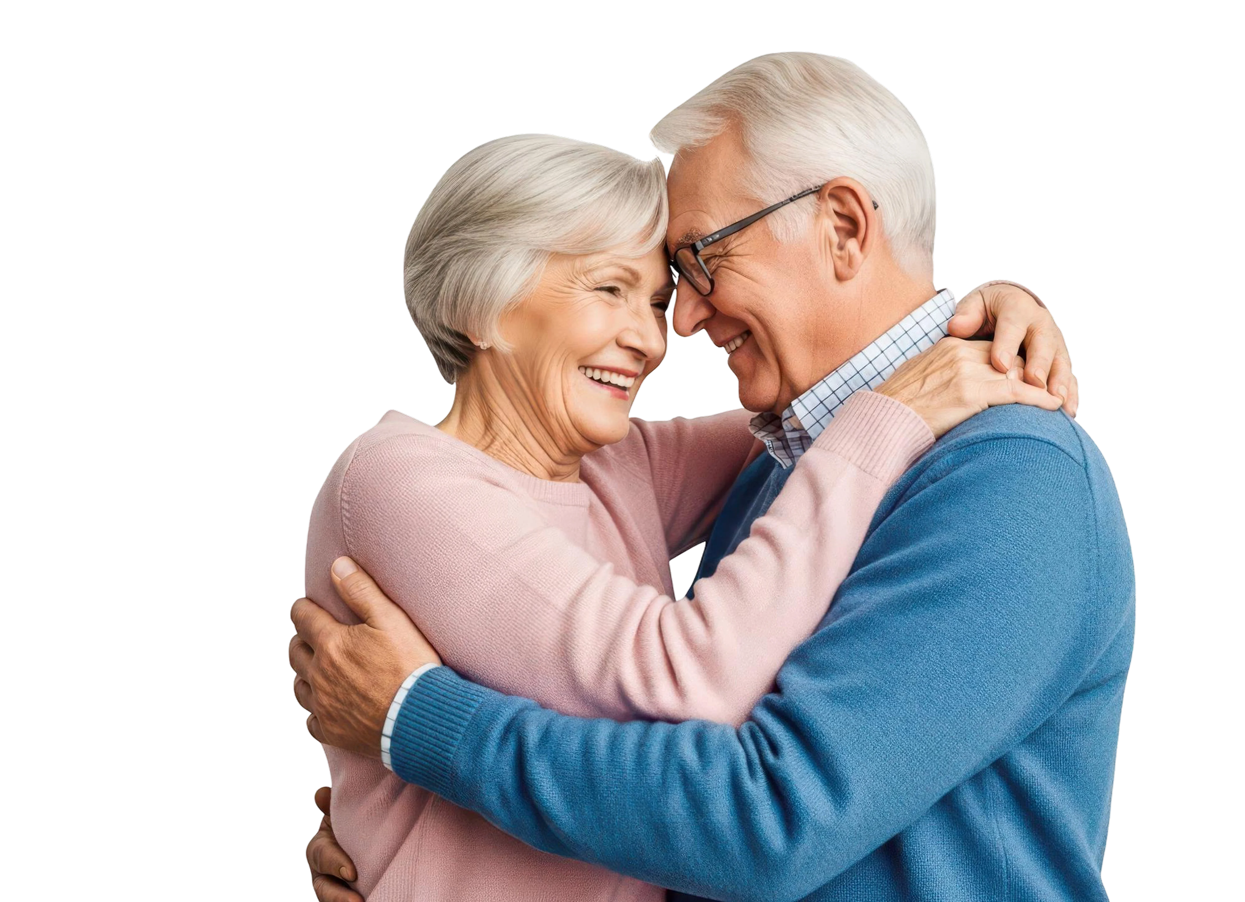 Smiling elderly couple embracing each other warmly, both wearing sweaters.