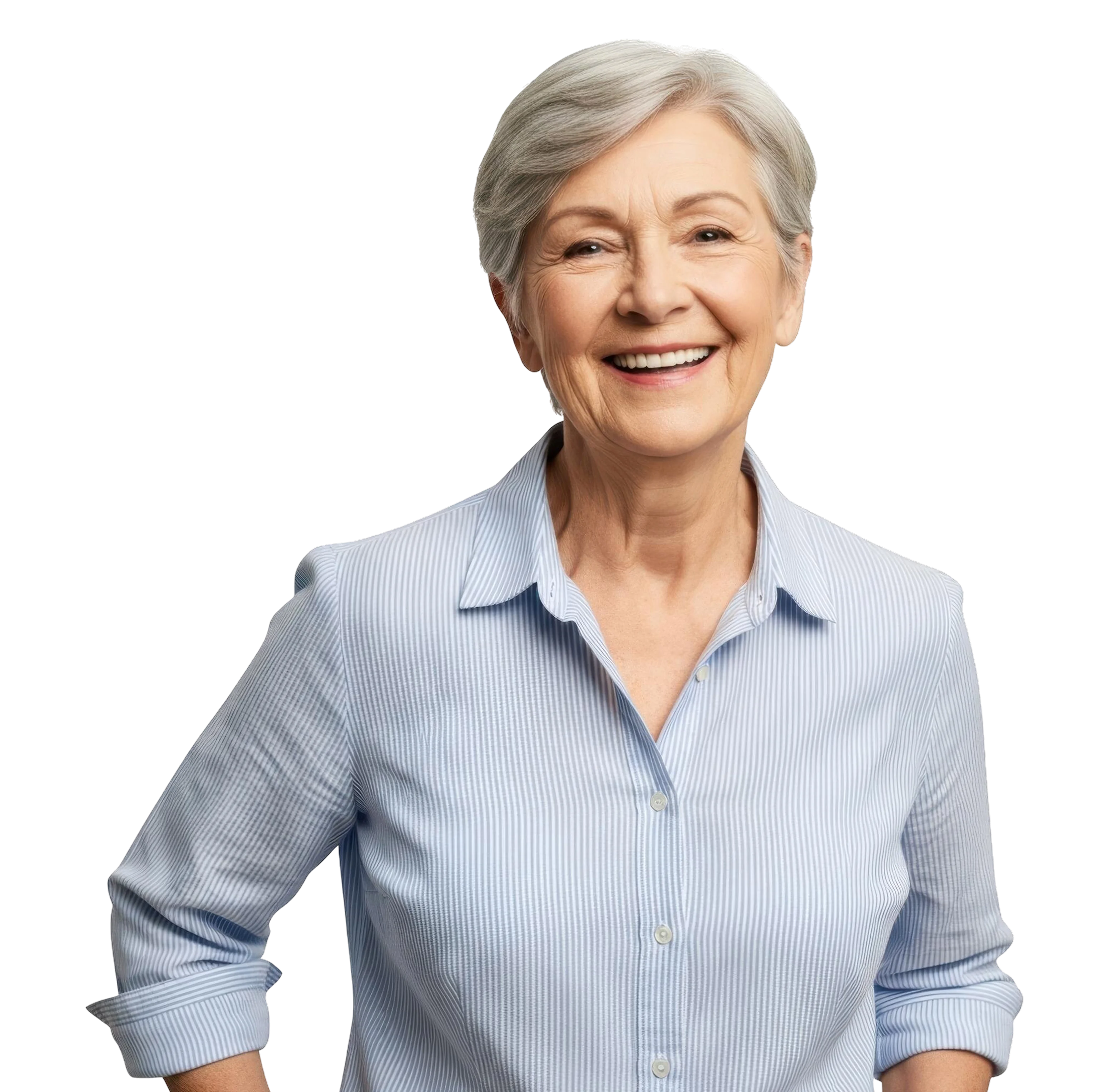 Smiling elderly woman with short gray hair wearing a light blue striped button-up shirt.