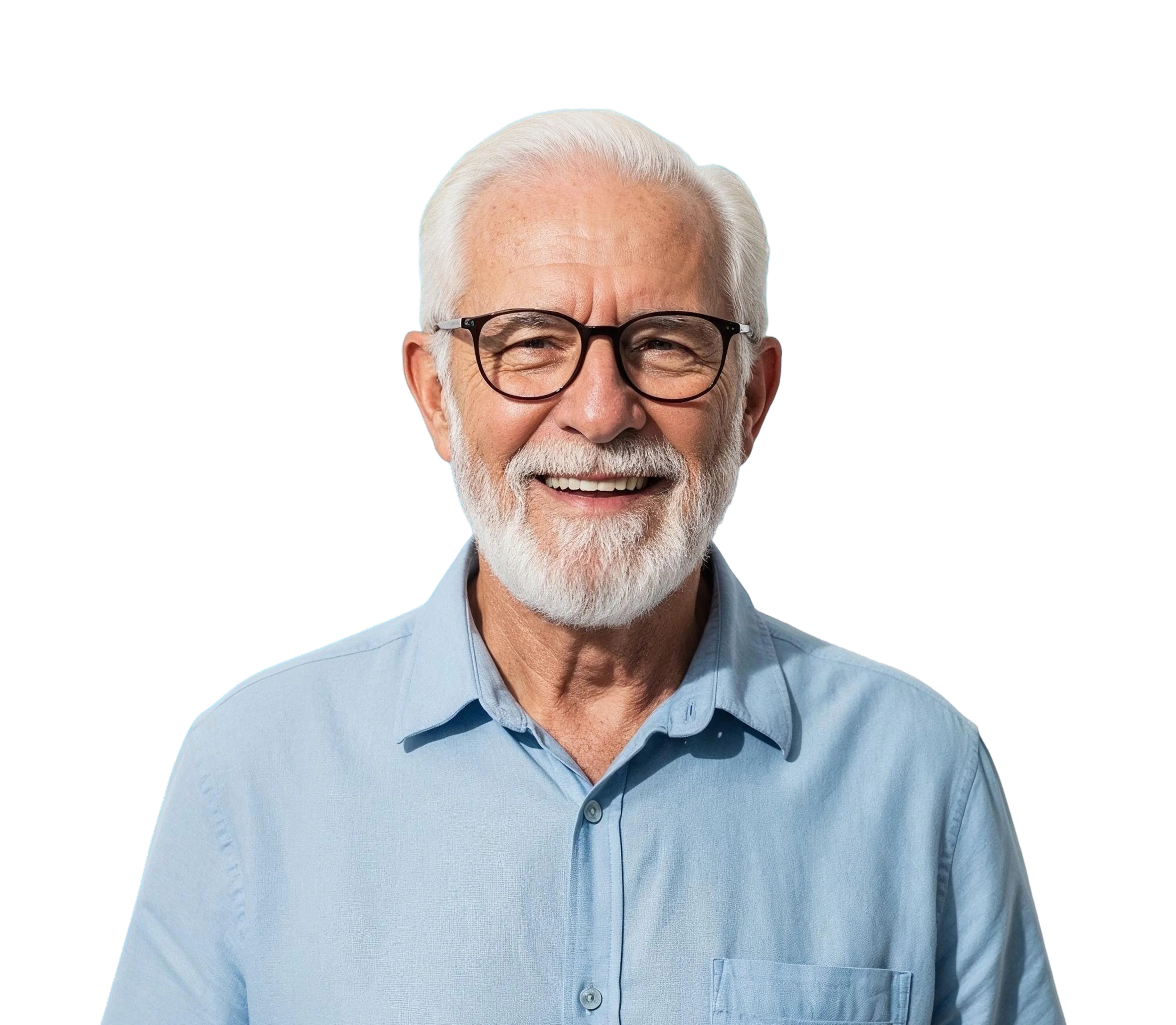 Smiling elderly man with white hair, beard, and glasses wearing a light blue shirt.
