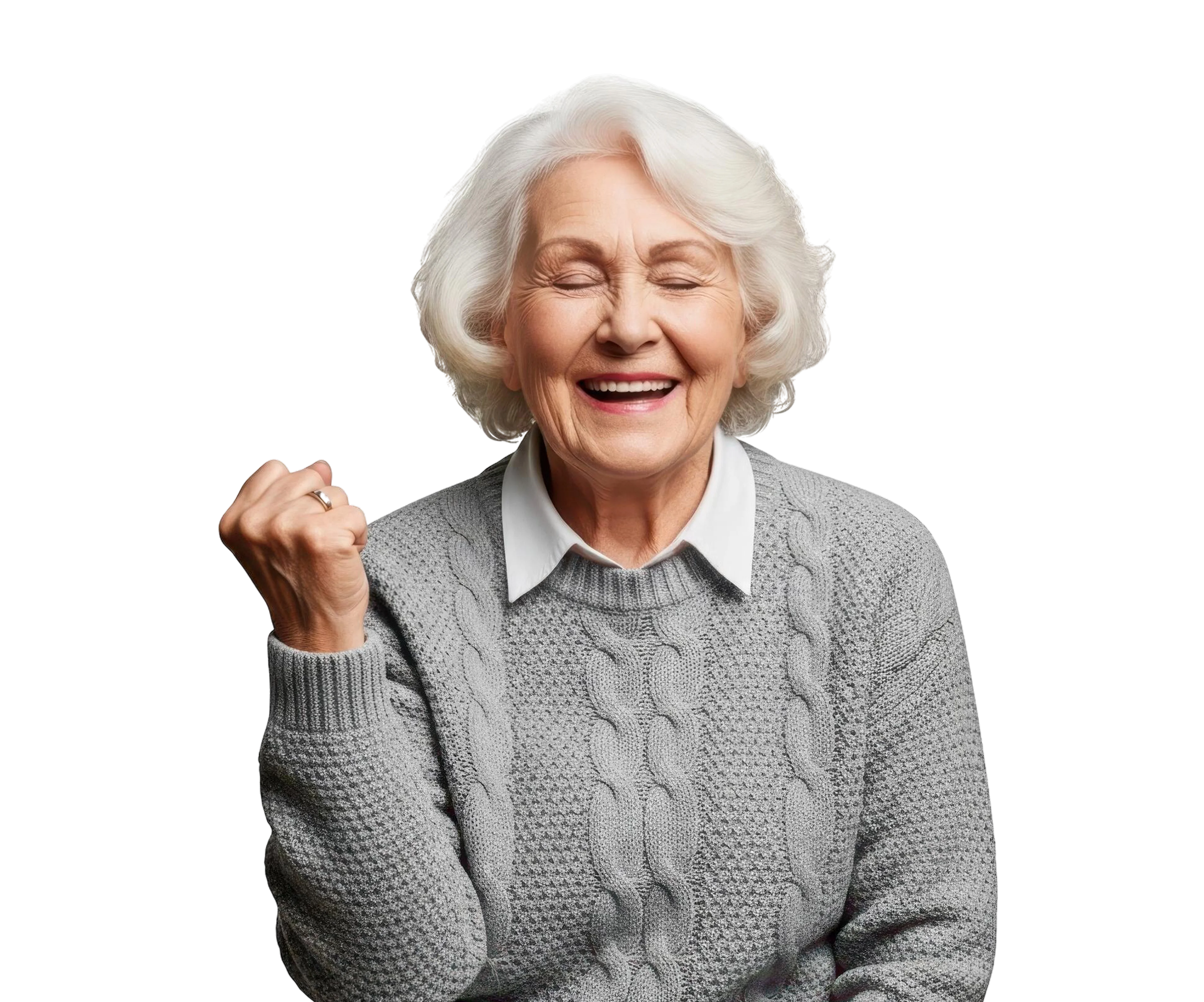 Elderly woman with white hair smiling joyfully and raising a fist in celebration.