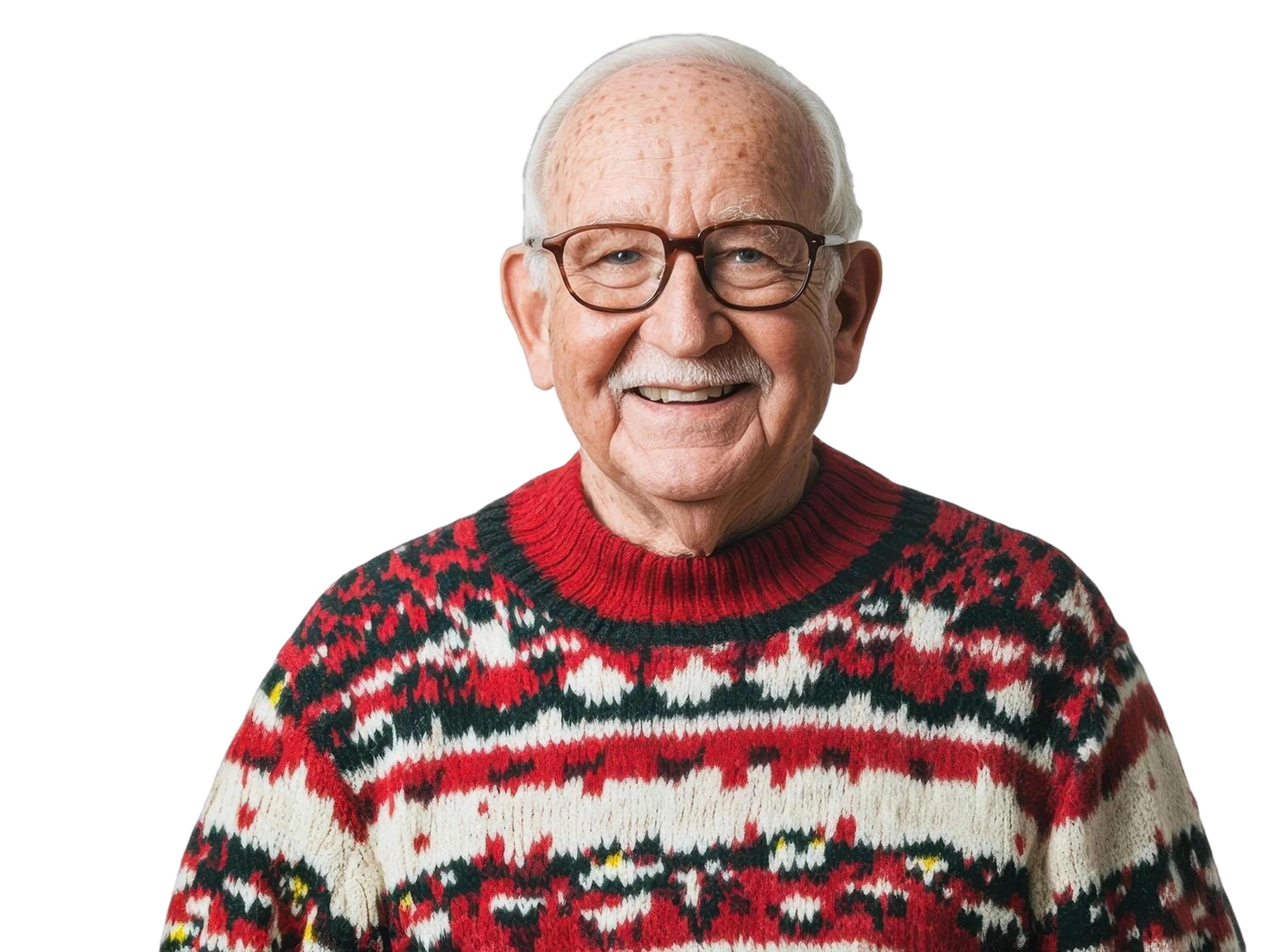 Smiling elderly man with glasses wearing a red, white, and black patterned sweater against black background.