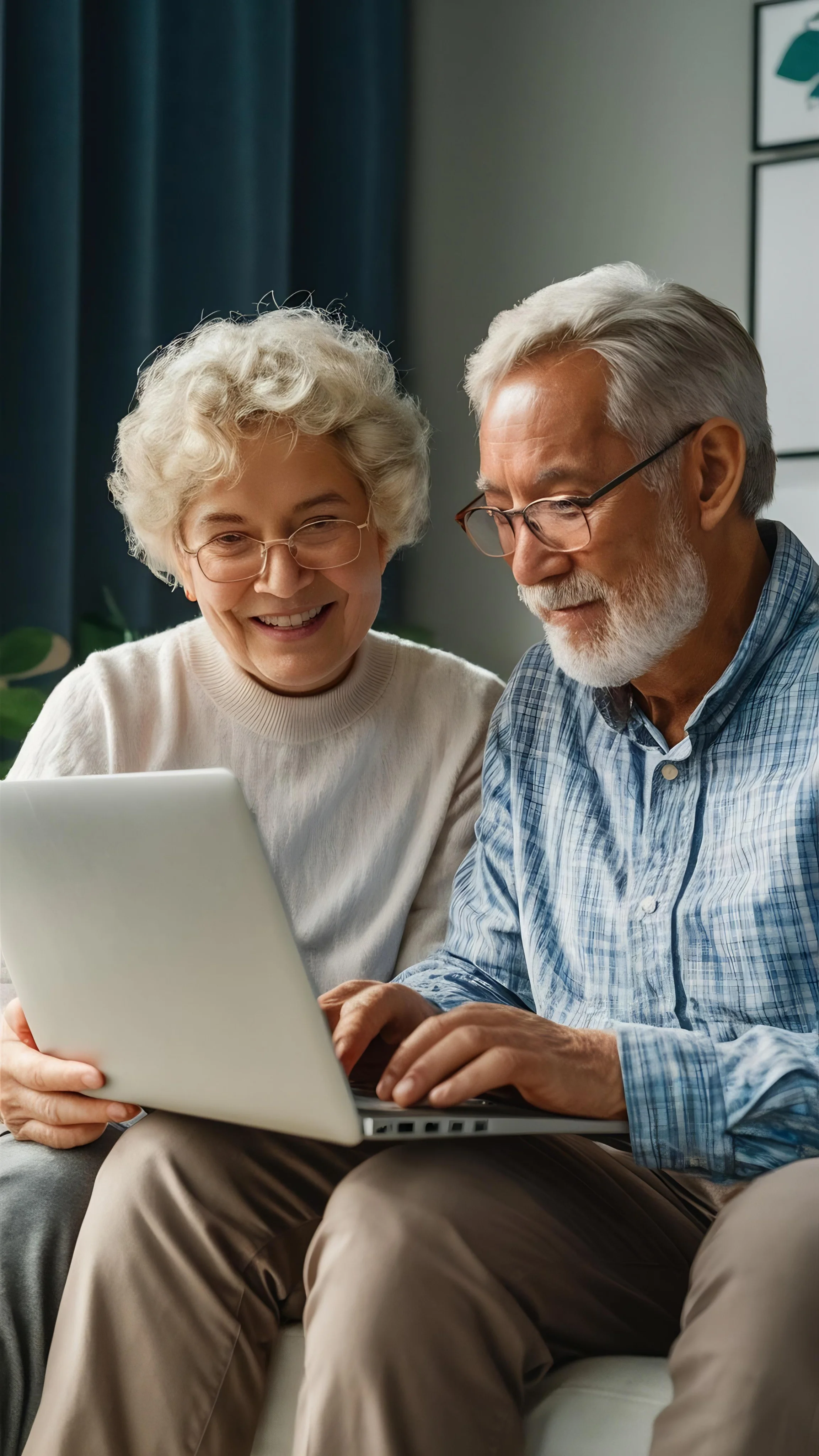 Senior couple sitting together on a couch using a laptop, smiling and focused.