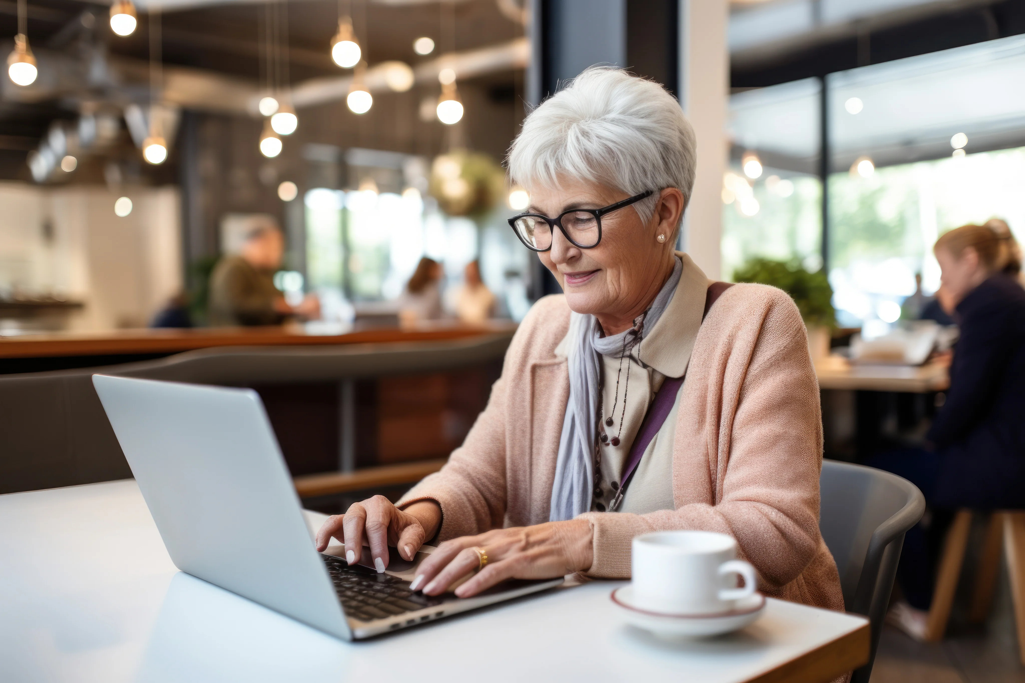 Smiling elderly woman with white hair and glasses typing on a laptop at a cafe table with a cup of coffee.