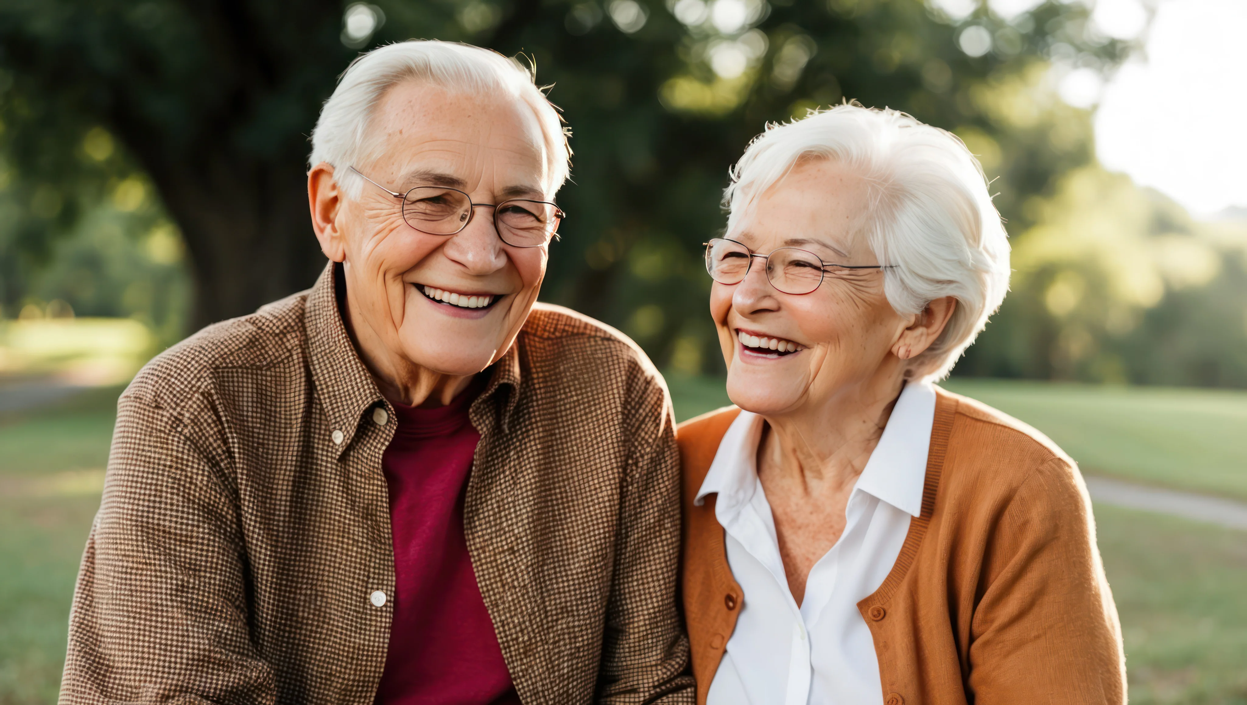 Smiling elderly man and woman with white hair wearing glasses sitting outdoors in a park.