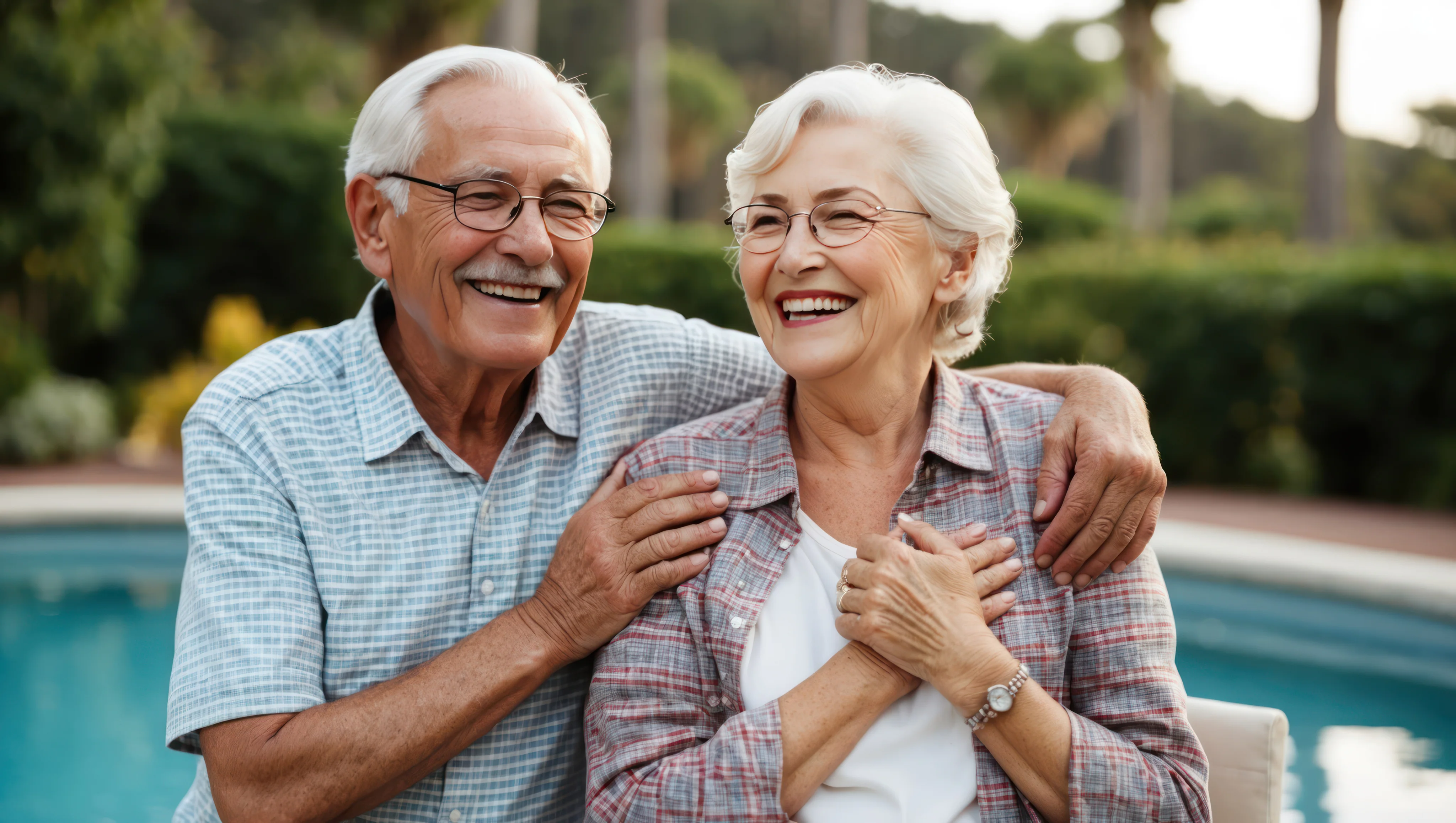 Smiling elderly couple sitting outdoors by a pool with the man hugging the woman from behind.