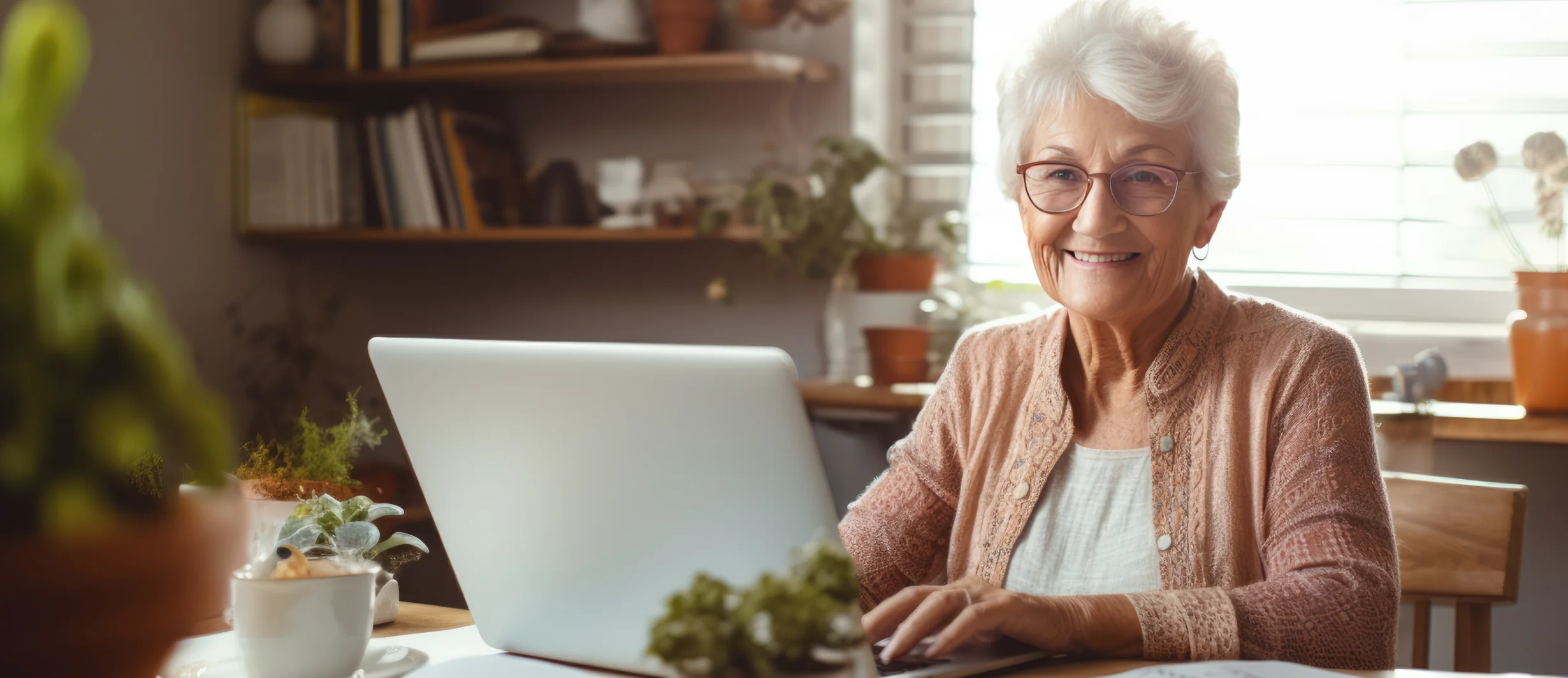 Smiling elderly woman using a laptop at a wooden desk with plants and a cup in a sunlit room.