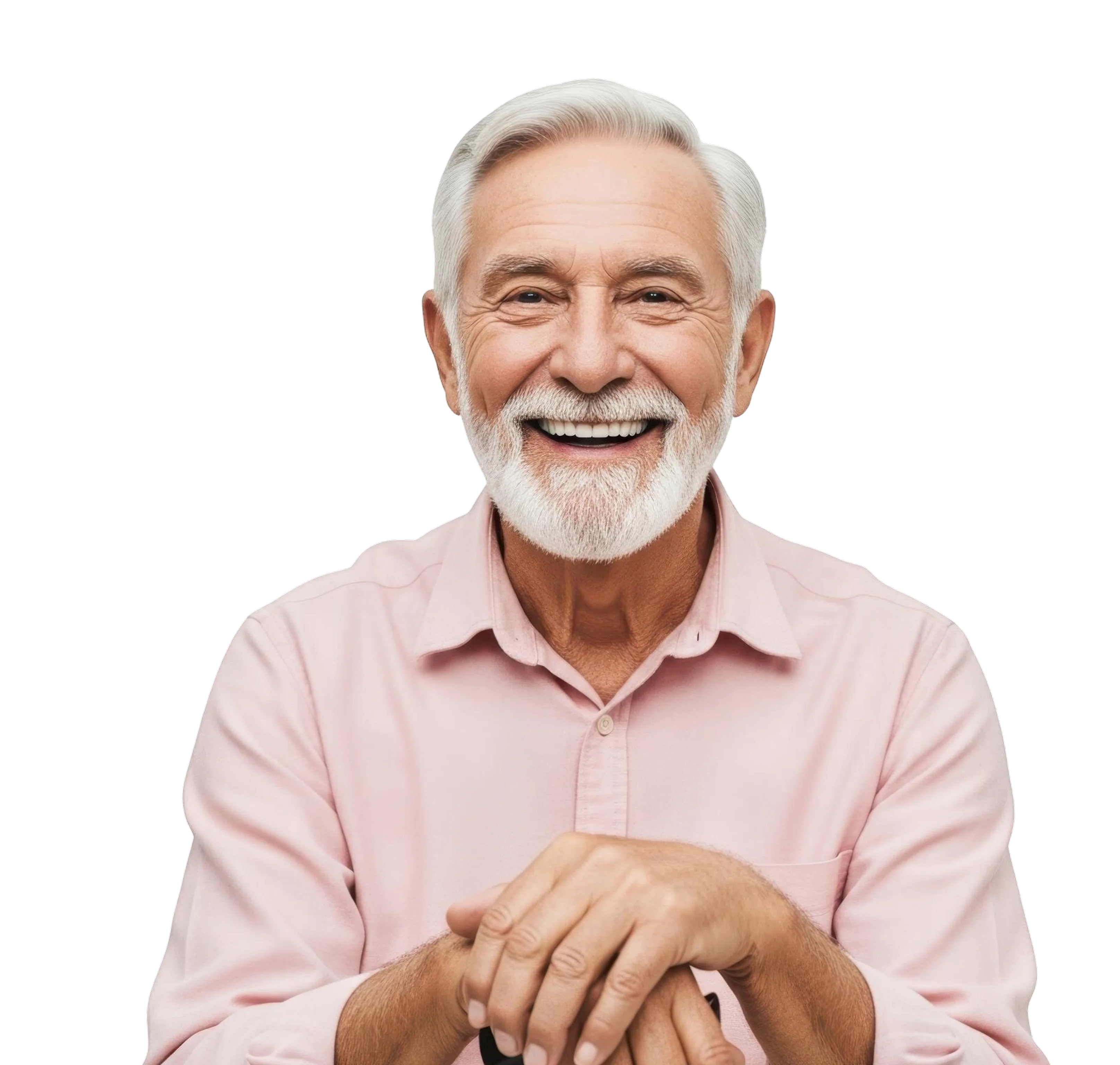 A man with a white beard and a pink shirt.