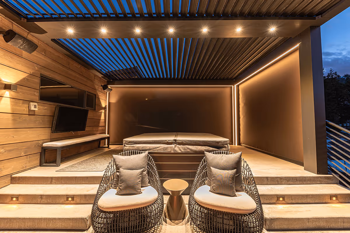 An example of outdoor lighting on a motorized louvered roof.