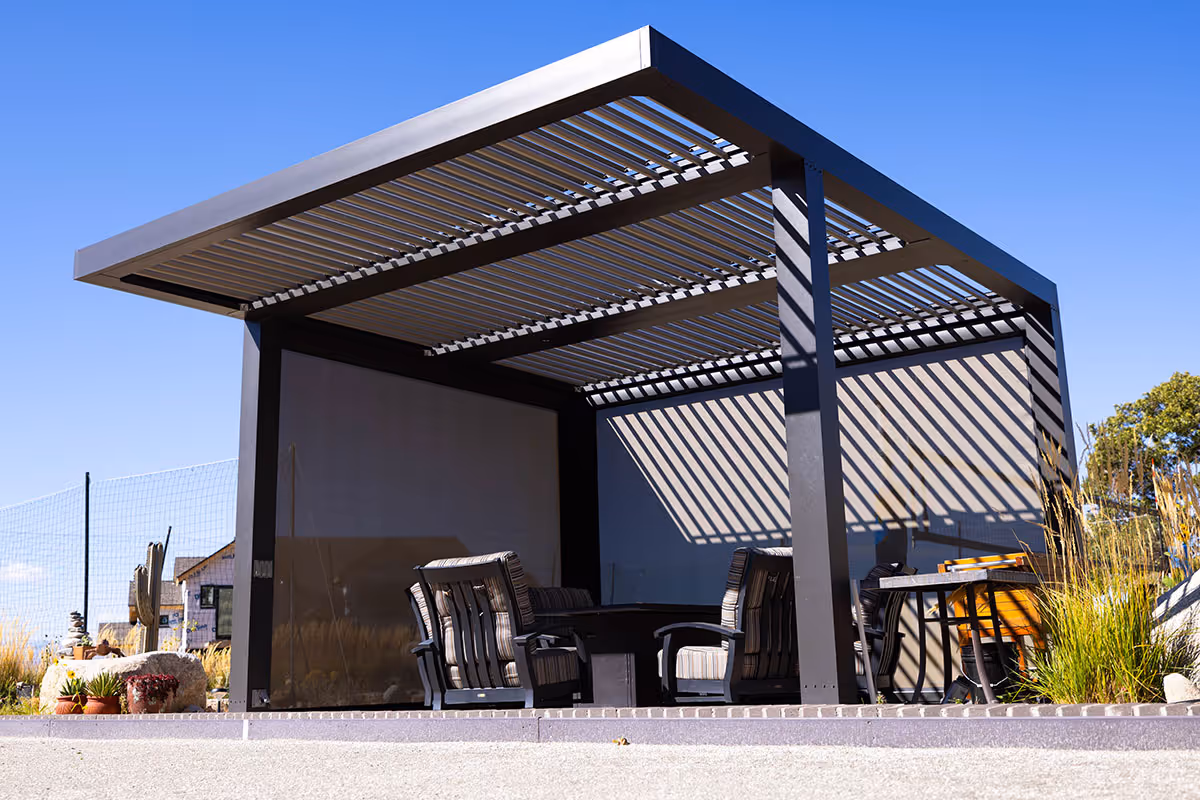 A motorized louvered roof and shade in a Salt Lake City yard.