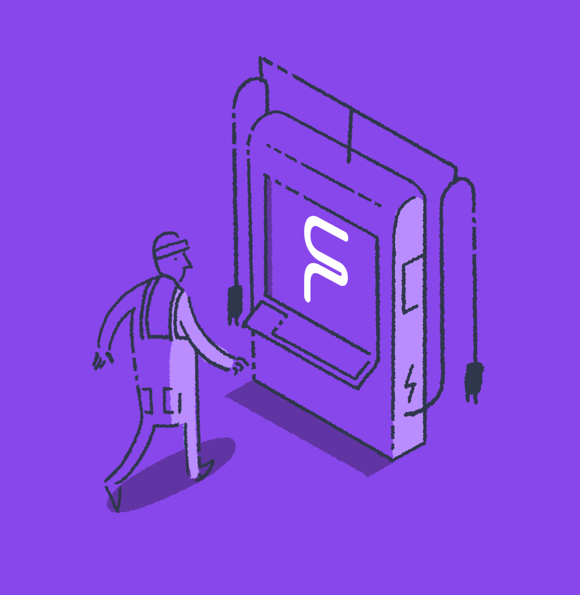 Fleete illustration showing a person approaching an EV charging station with the Fleete 'F' logo on a purple gradient background, depicting user interaction with charging infrastructure.