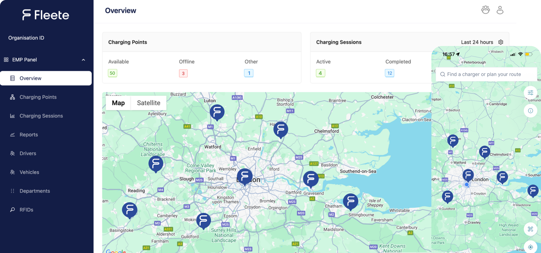 FleeteEVO dashboard Overview page showing charging point statistics and map of charging stations across Southeast England, with 50 available charging points and recent session activity displayed