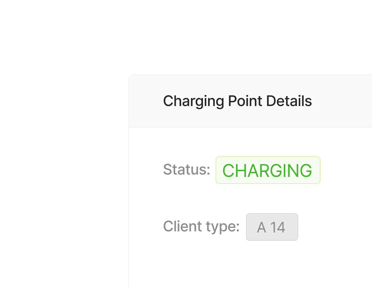 Charging point details screen showing status as 'CHARGING' in green text and client type 'A 14' on a purple gradient background
