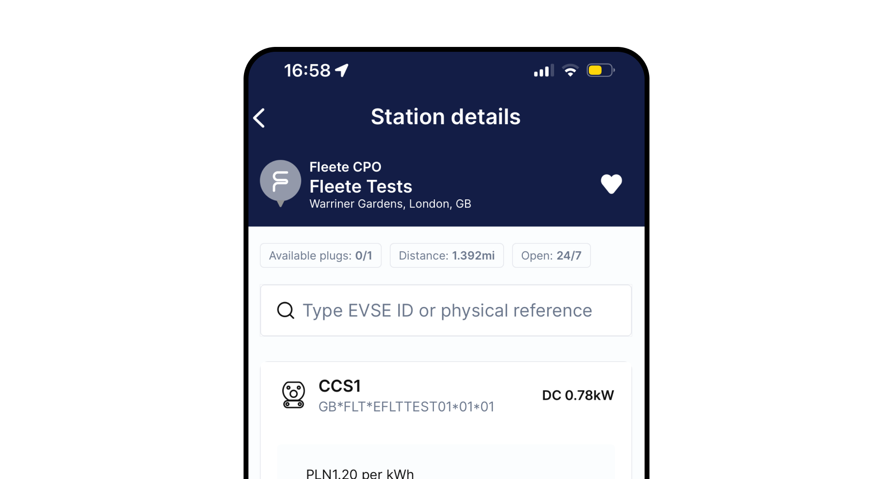 FleeteEVO mobile app showing station details screen fora charging station in Warriner Gardens, London, showing 0/1 available plugs, 1.392mi distance, 24/7 operation, and CCS1 connector type with DC 0.78kW power output.