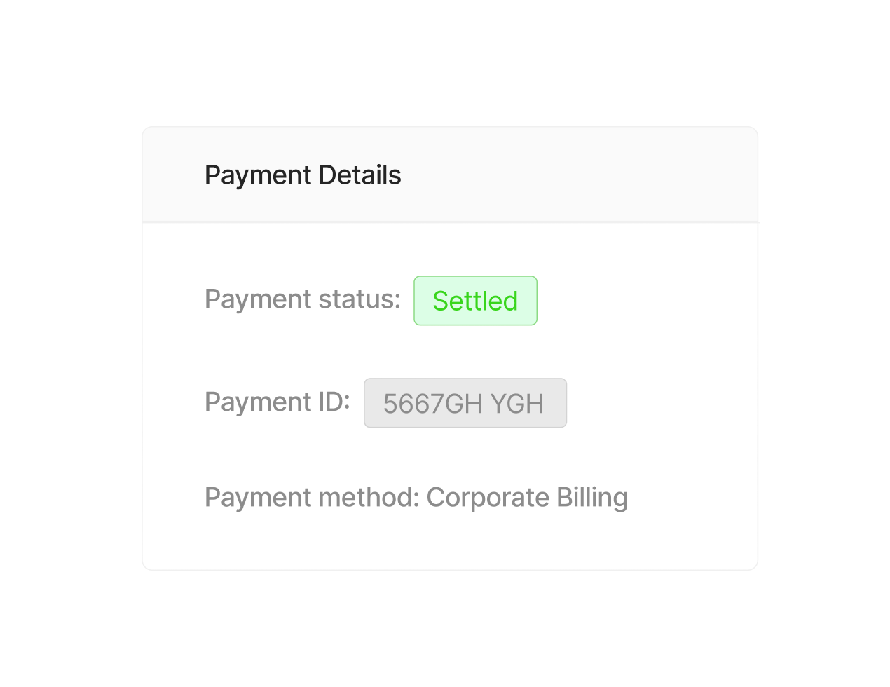 Fleete marketing graphic promoting 'Seamless billing and reporting' with an  interface showing 'Settled' status, payment ID and 'Corporate Billing' payment method."