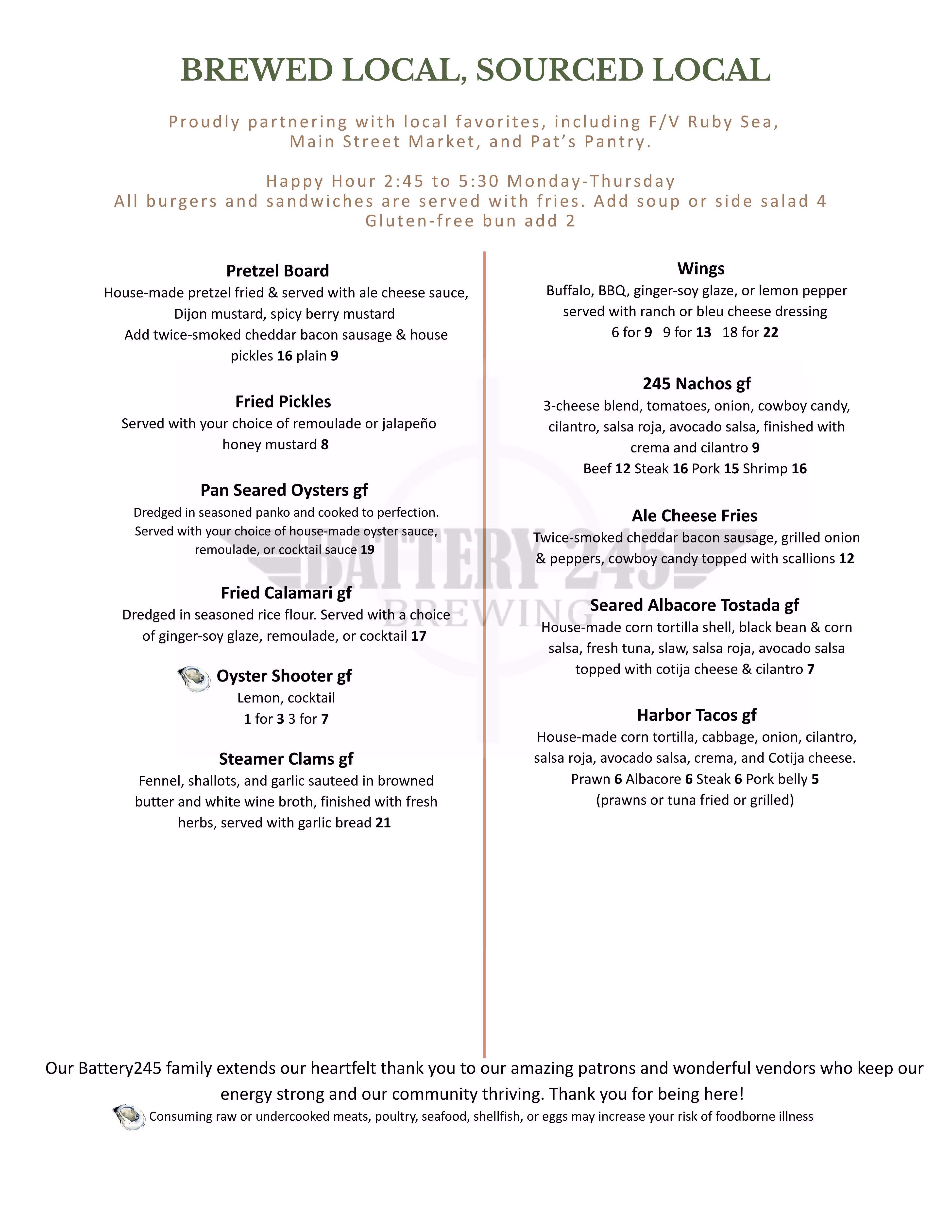 Menu titled Brewed Local, Sourced Local, featuring appetizers like Pretzel Board, Fried Pickles, Pan Seared Oysters, Fried Calamari, Oyster Shooter, Steamer Clams, Wings, 245 Nachos, Ale Cheese Fries, Seared Albacore Tostada, and Harbor Tacos with prices and gluten-free options.