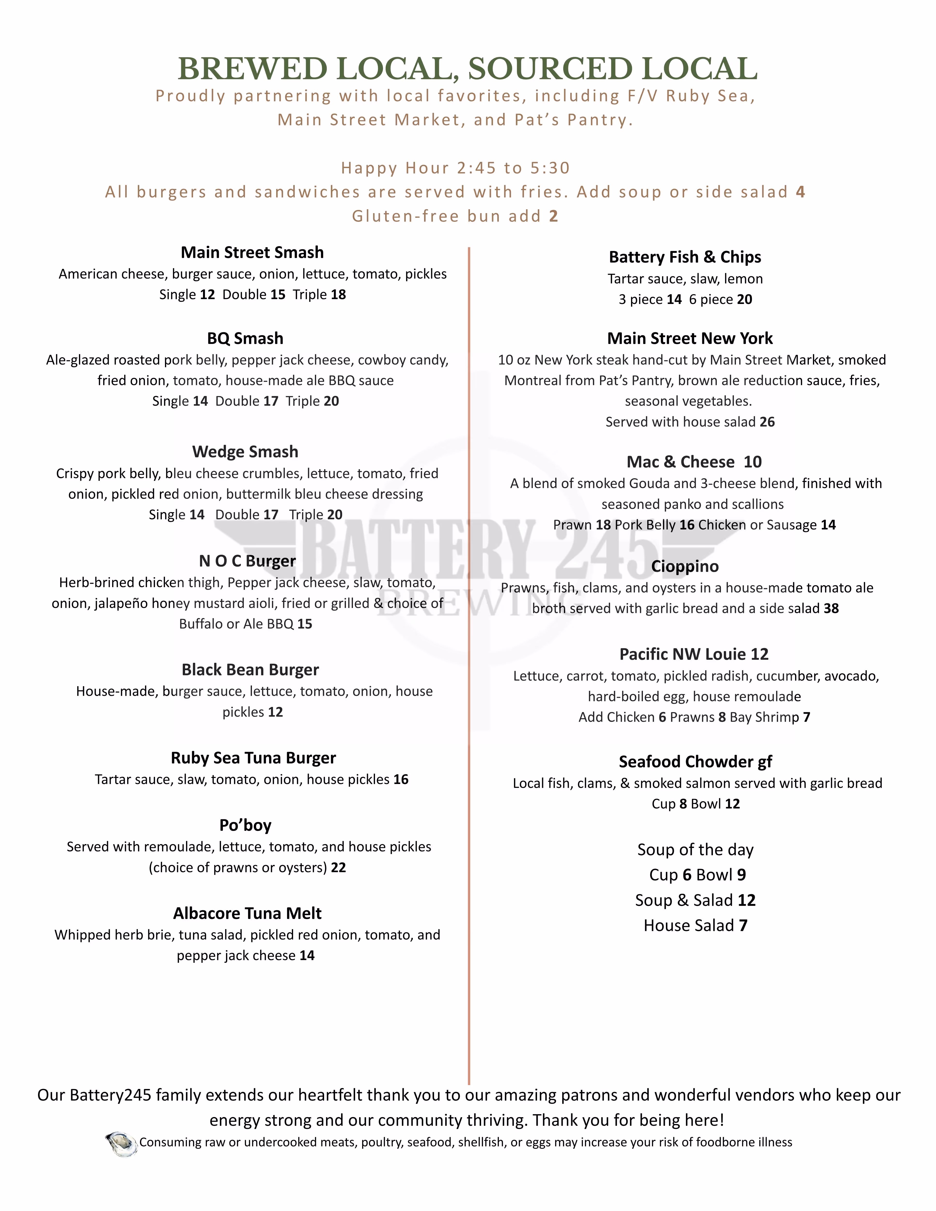Battery 245 menu featuring local burgers, sandwiches, seafood dishes, and sides, highlighting happy hour and local partnerships.