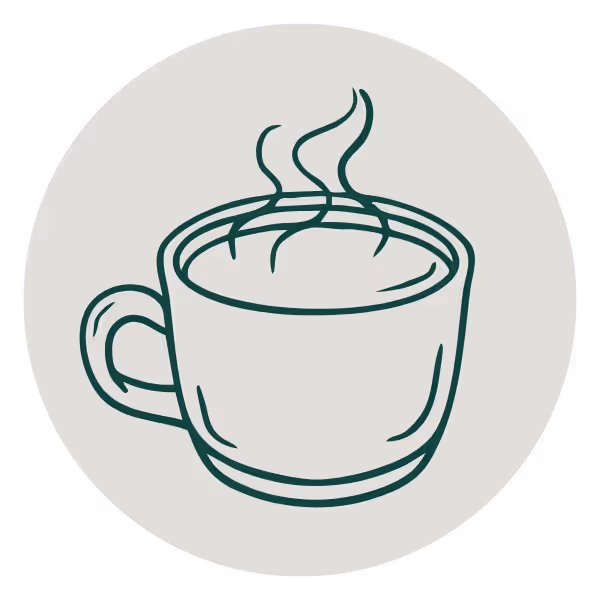 Simple line drawing of a steaming coffee cup on a light circular background.