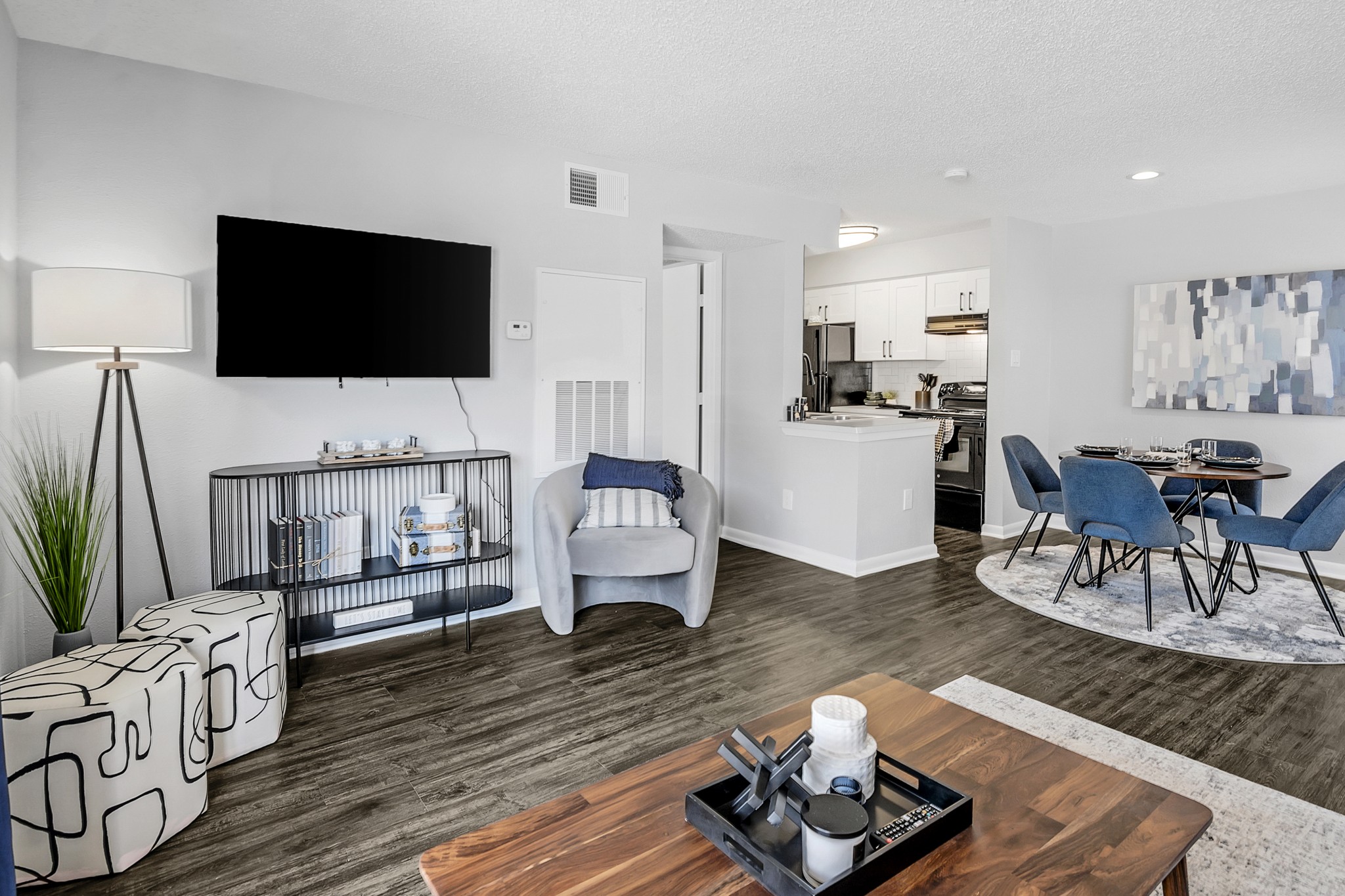 Living area and kitchen