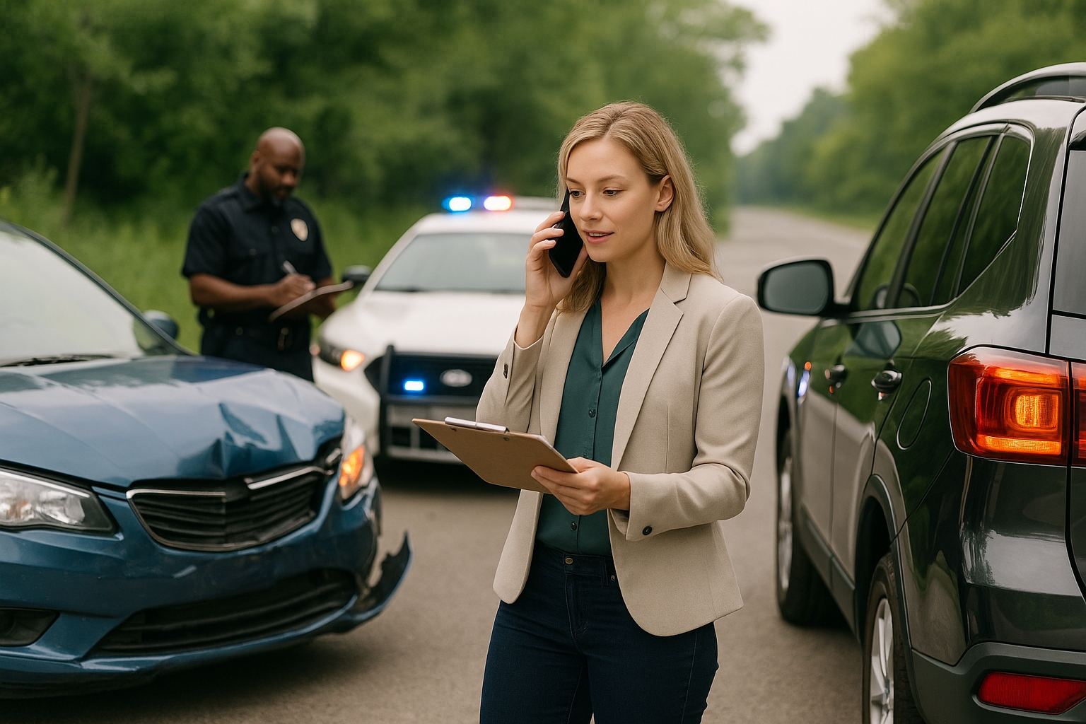 Woman calling for assistance after a car accident while holding a clipboard, with a police officer documenting the scene in the background