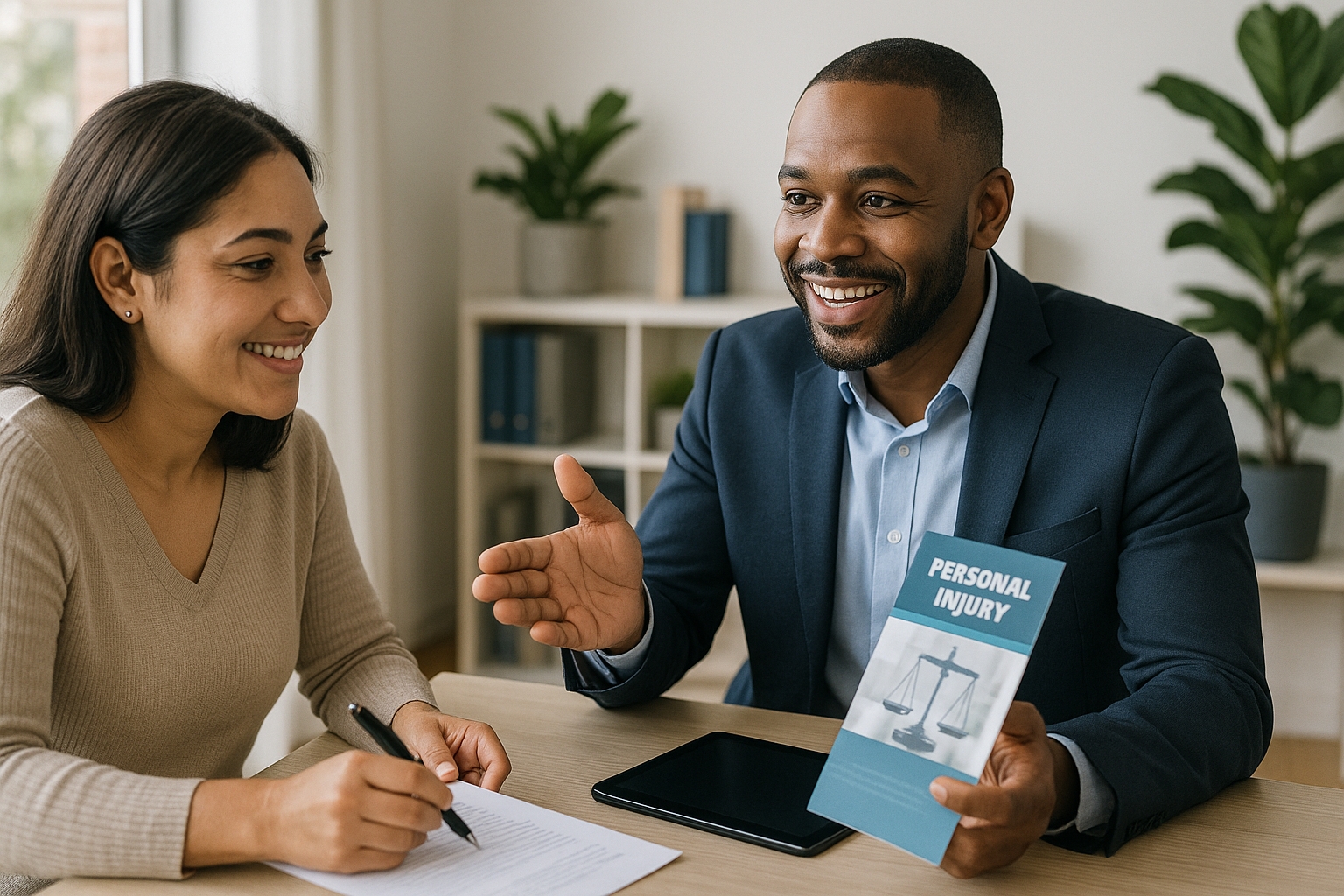 AttornSmiling personal injury lawyer explaining legal options to a client during a consultation, holding a brochure about personal injury claims