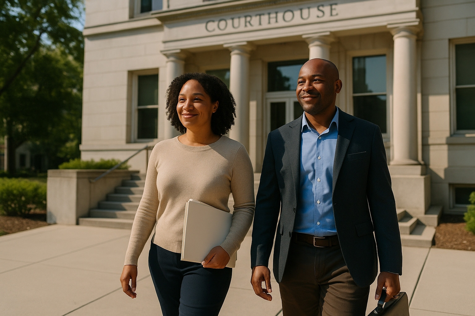 Personal injury attorney and client walking confidently out of a courthouse after a successful legal proceeding related to a car accident claim